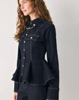 Flying Tomato Indigo Icon Chain Detail Peplum Denim Top