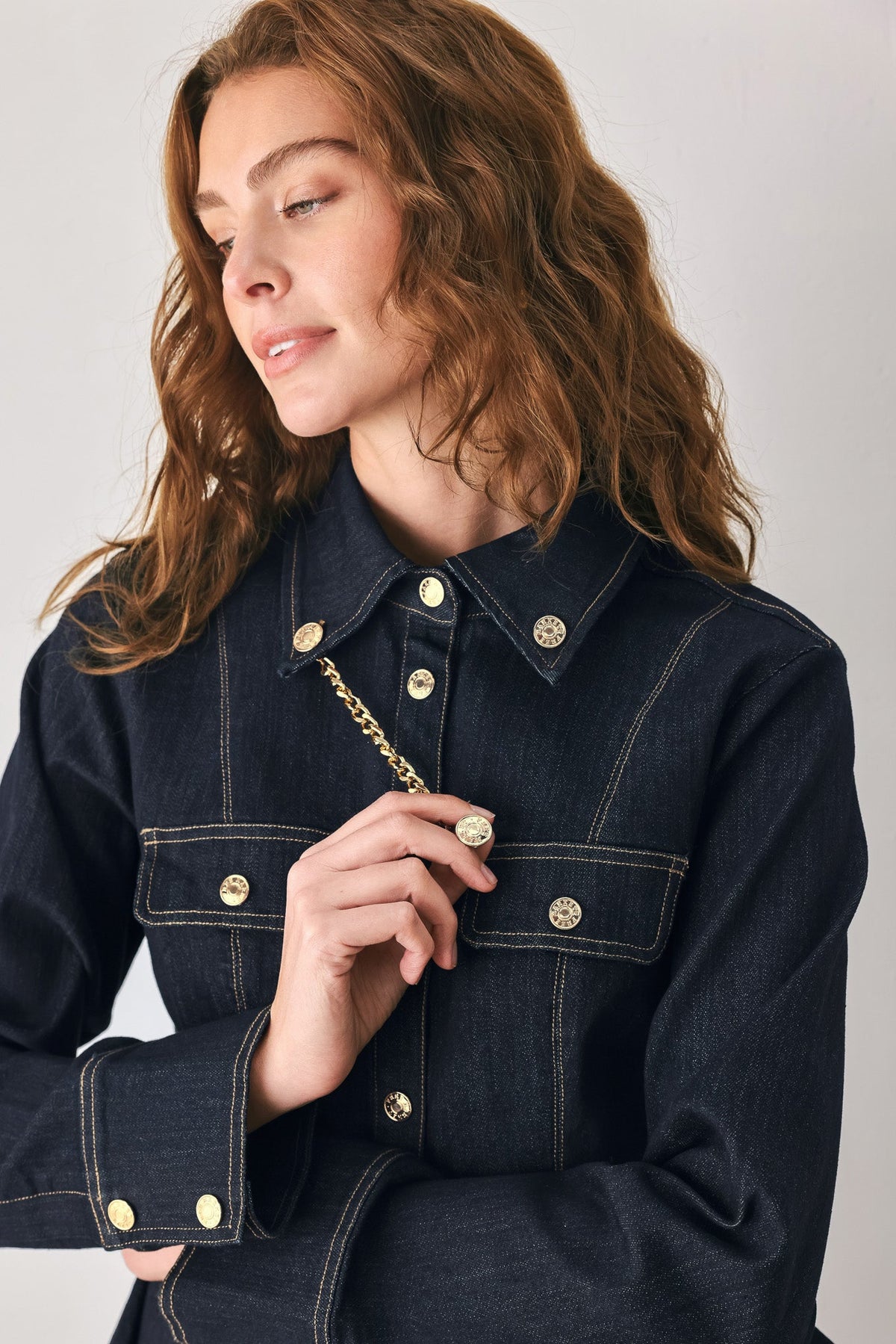 Flying Tomato Indigo Icon Chain Detail Peplum Denim Top