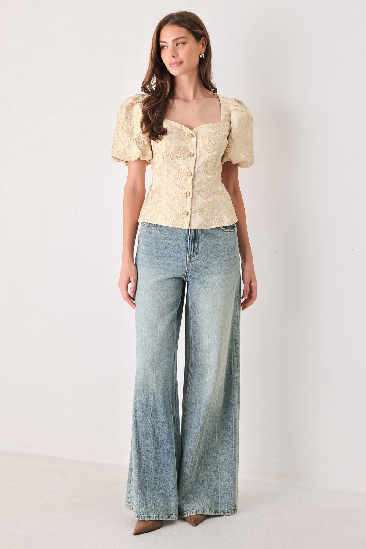 Flying Tomato Golden Portrait Jacquard Puff Sleeve Peplum Top