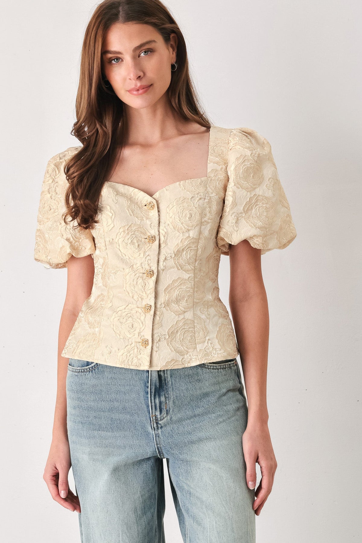 Flying Tomato Golden Portrait Jacquard Puff Sleeve Peplum Top
