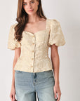 Flying Tomato Golden Portrait Jacquard Puff Sleeve Peplum Top