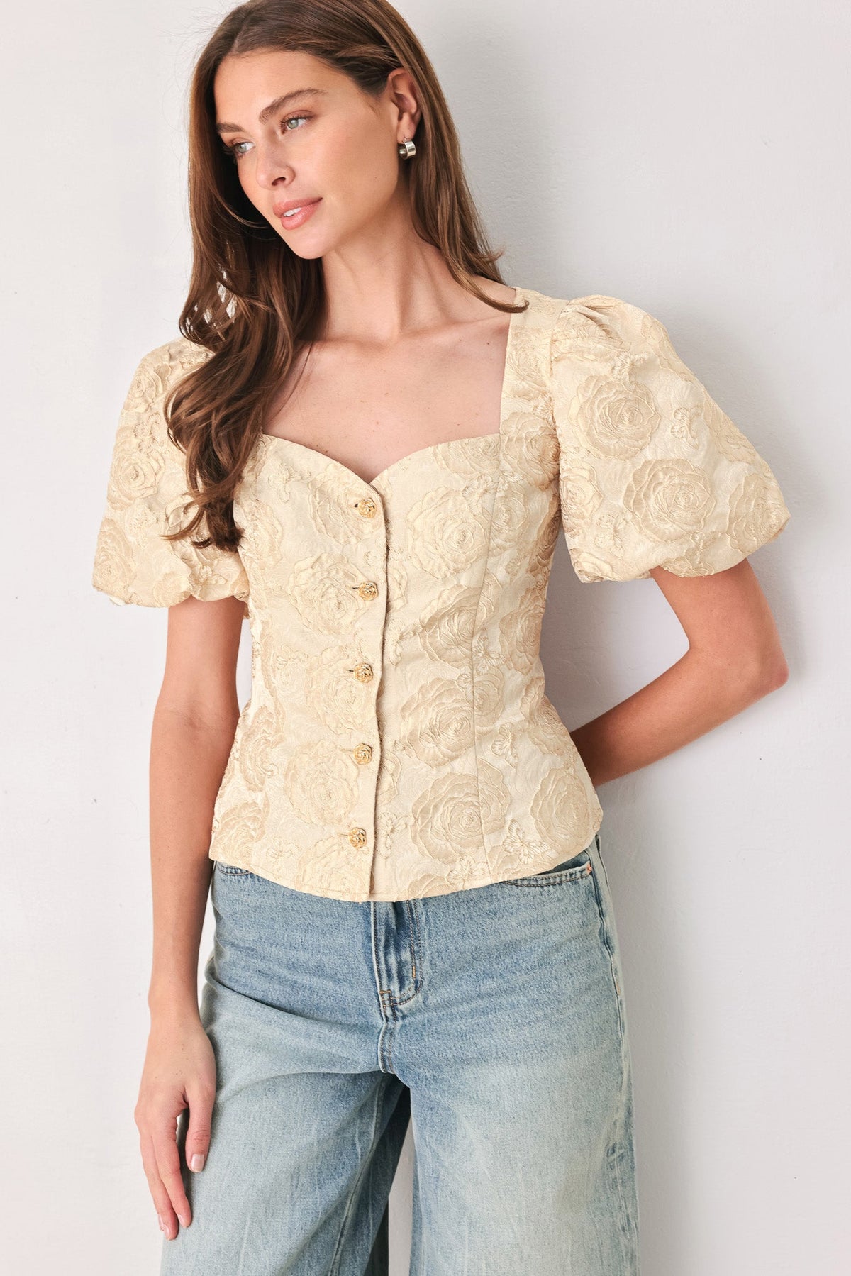 Flying Tomato Golden Portrait Jacquard Puff Sleeve Peplum Top