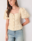 Flying Tomato Golden Portrait Jacquard Puff Sleeve Peplum Top