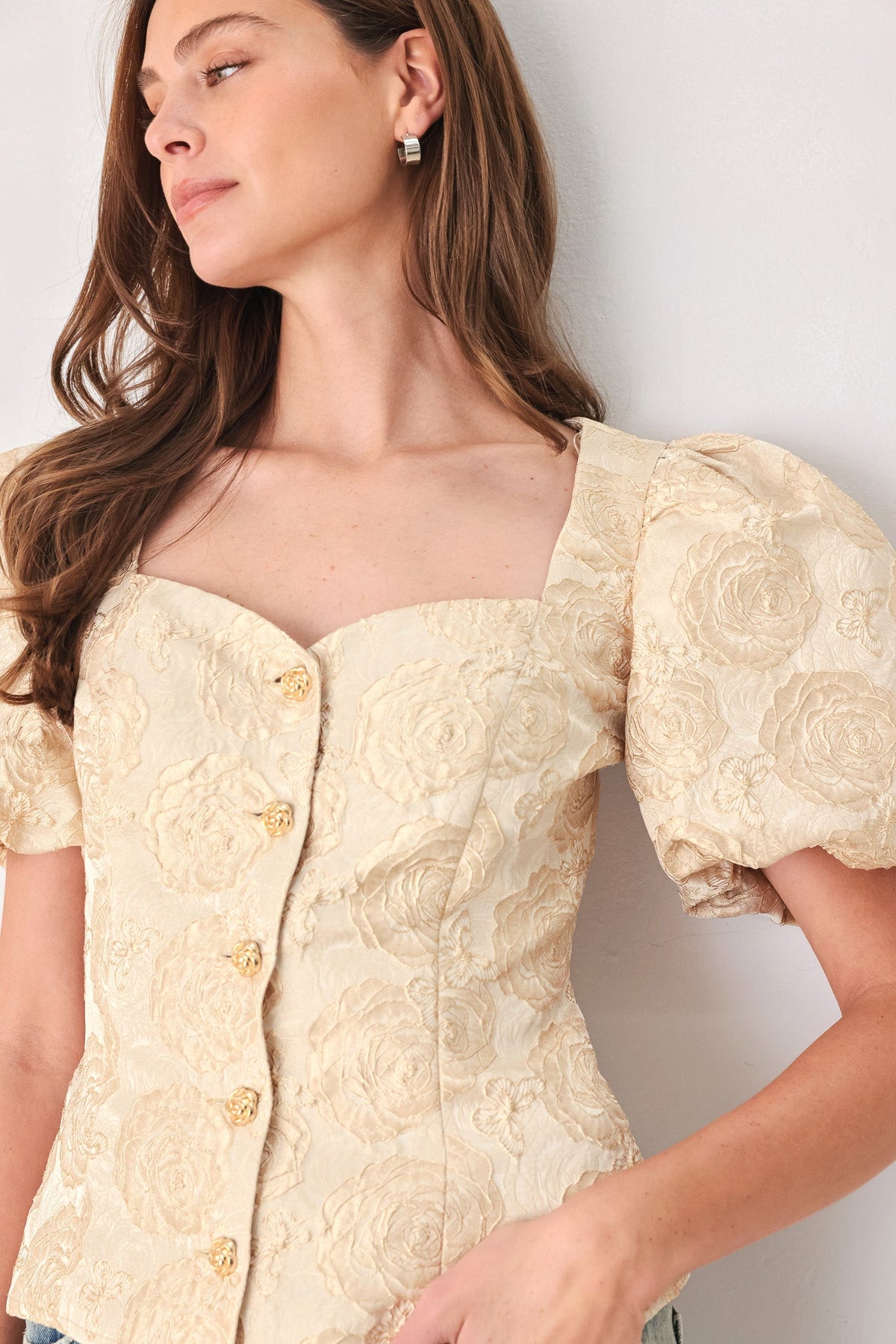 Flying Tomato Golden Portrait Jacquard Puff Sleeve Peplum Top
