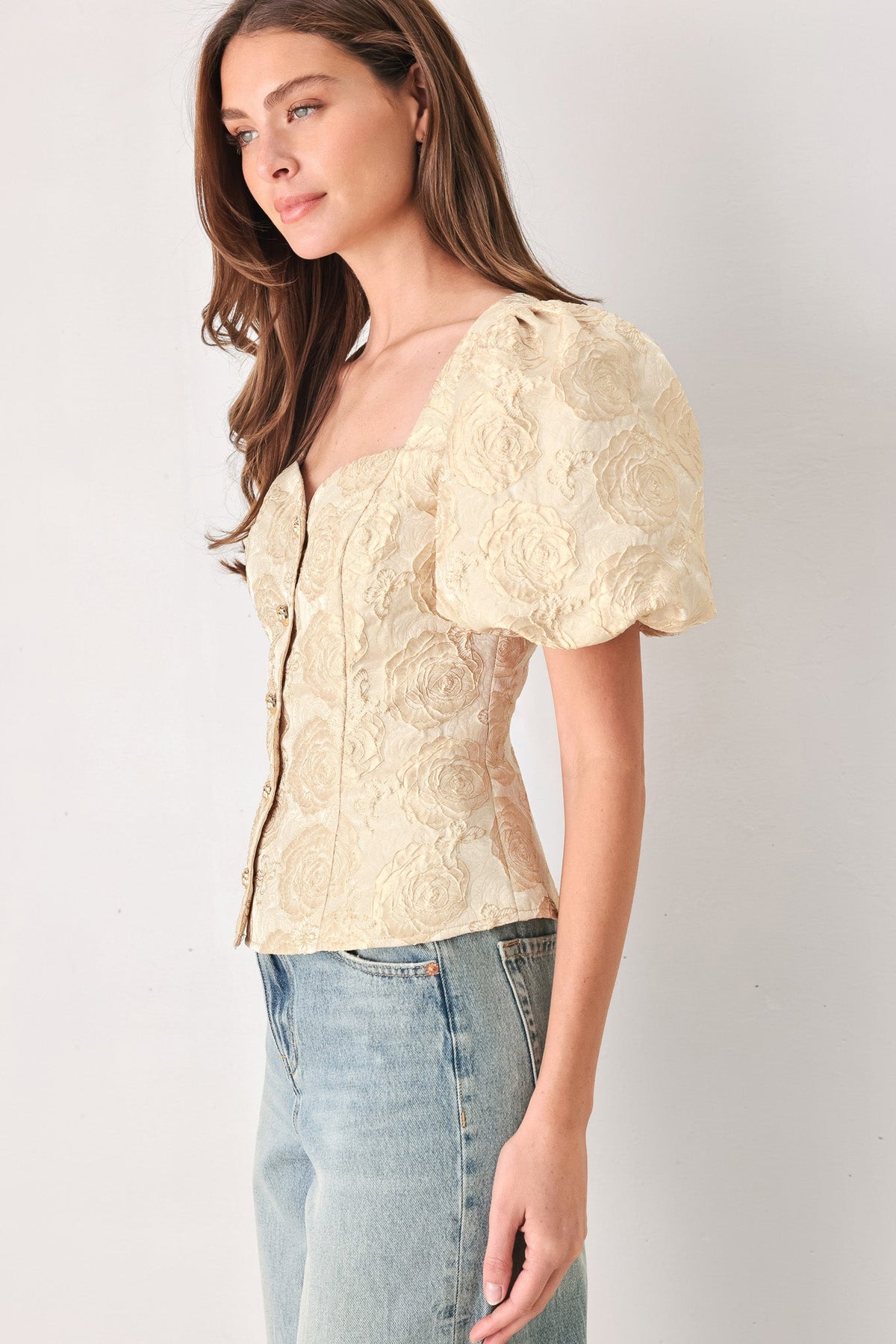Flying Tomato Golden Portrait Jacquard Puff Sleeve Peplum Top