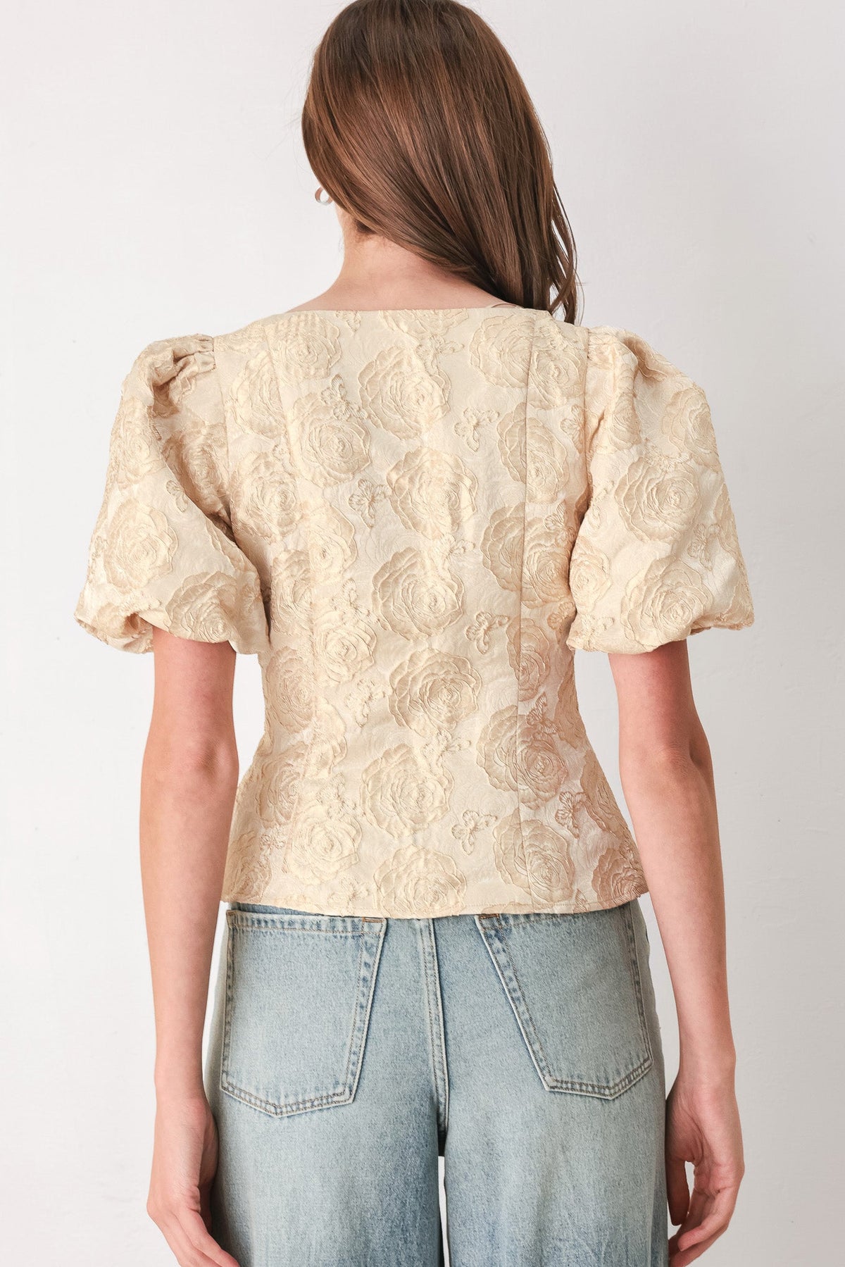 Flying Tomato Golden Portrait Jacquard Puff Sleeve Peplum Top