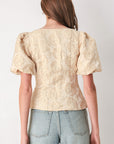 Flying Tomato Golden Portrait Jacquard Puff Sleeve Peplum Top