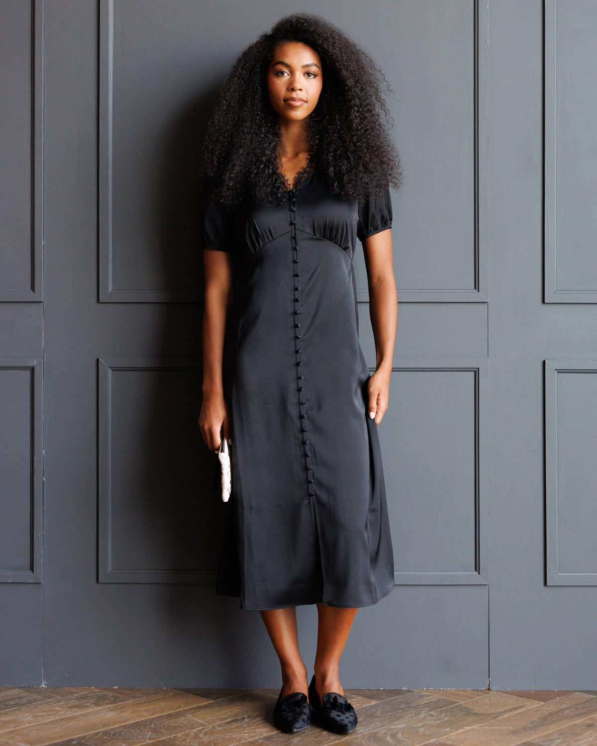 First Love Black Lace Trim Midi Dress