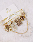 Floral Ribbon Pin Brooch – Elegant Gold Safety Pin with Charms and Pearl Chains