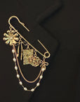 Floral Ribbon Pin Brooch – Elegant Gold Safety Pin with Charms and Pearl Chains
