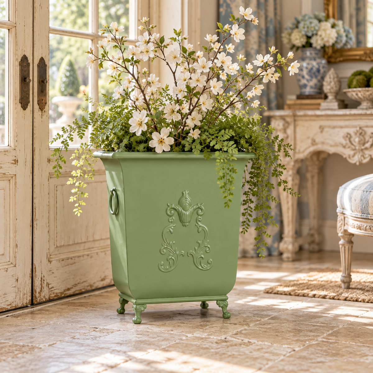 Park Hill Grand Scroll Planter – Soft Garden Green or Antiqued White