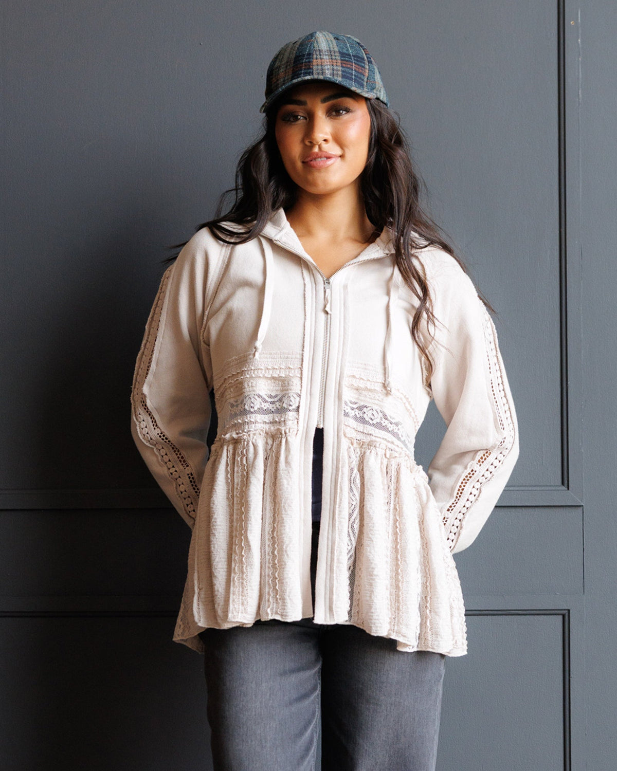 Hometown Cream Lace Peplum Zip-Up Hoodie