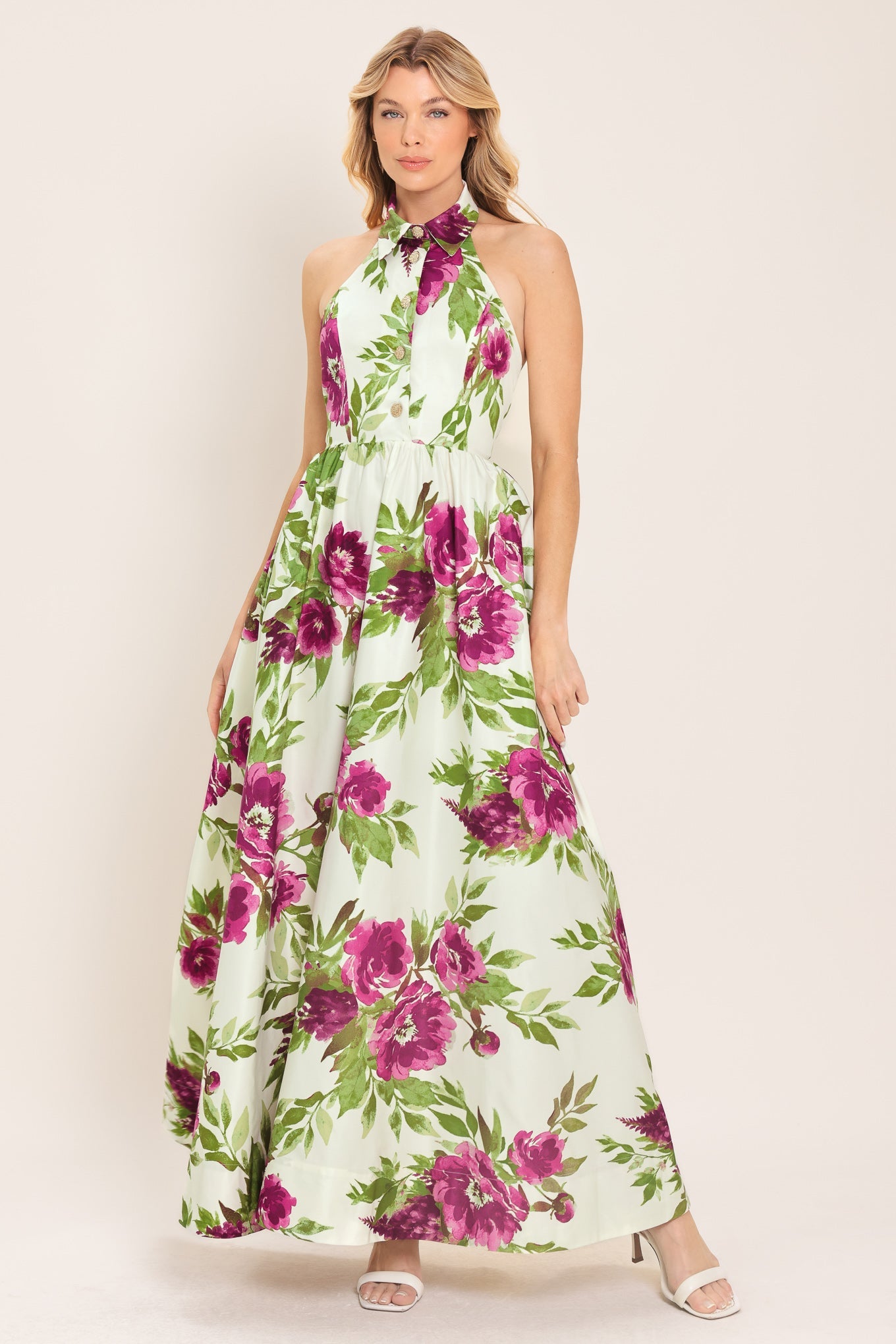 Flying Tomato Fuchsia Rose Halter Woven Maxi Dress