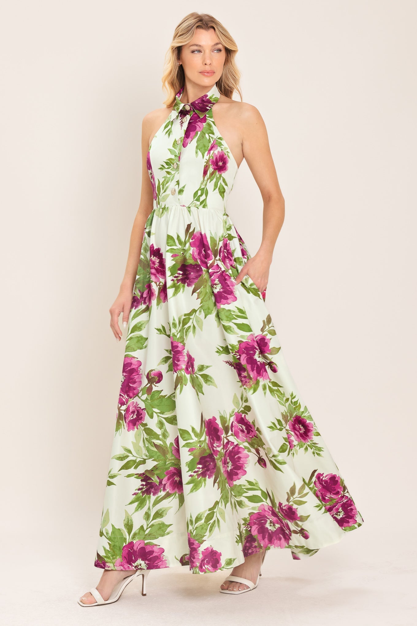 Flying Tomato Fuchsia Rose Halter Woven Maxi Dress