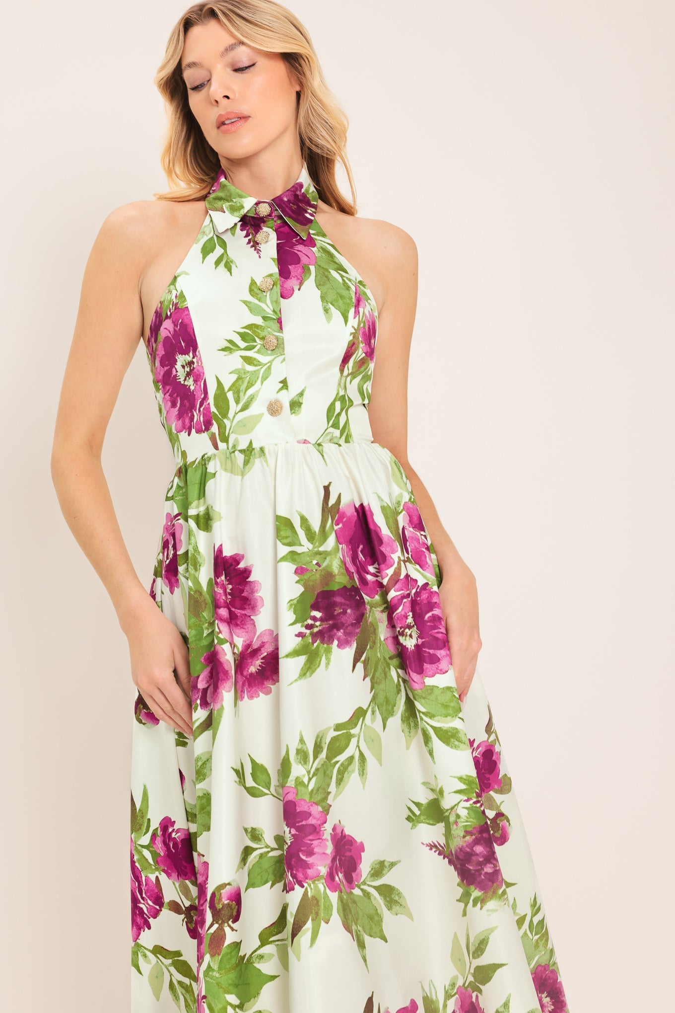 Flying Tomato Fuchsia Rose Halter Woven Maxi Dress