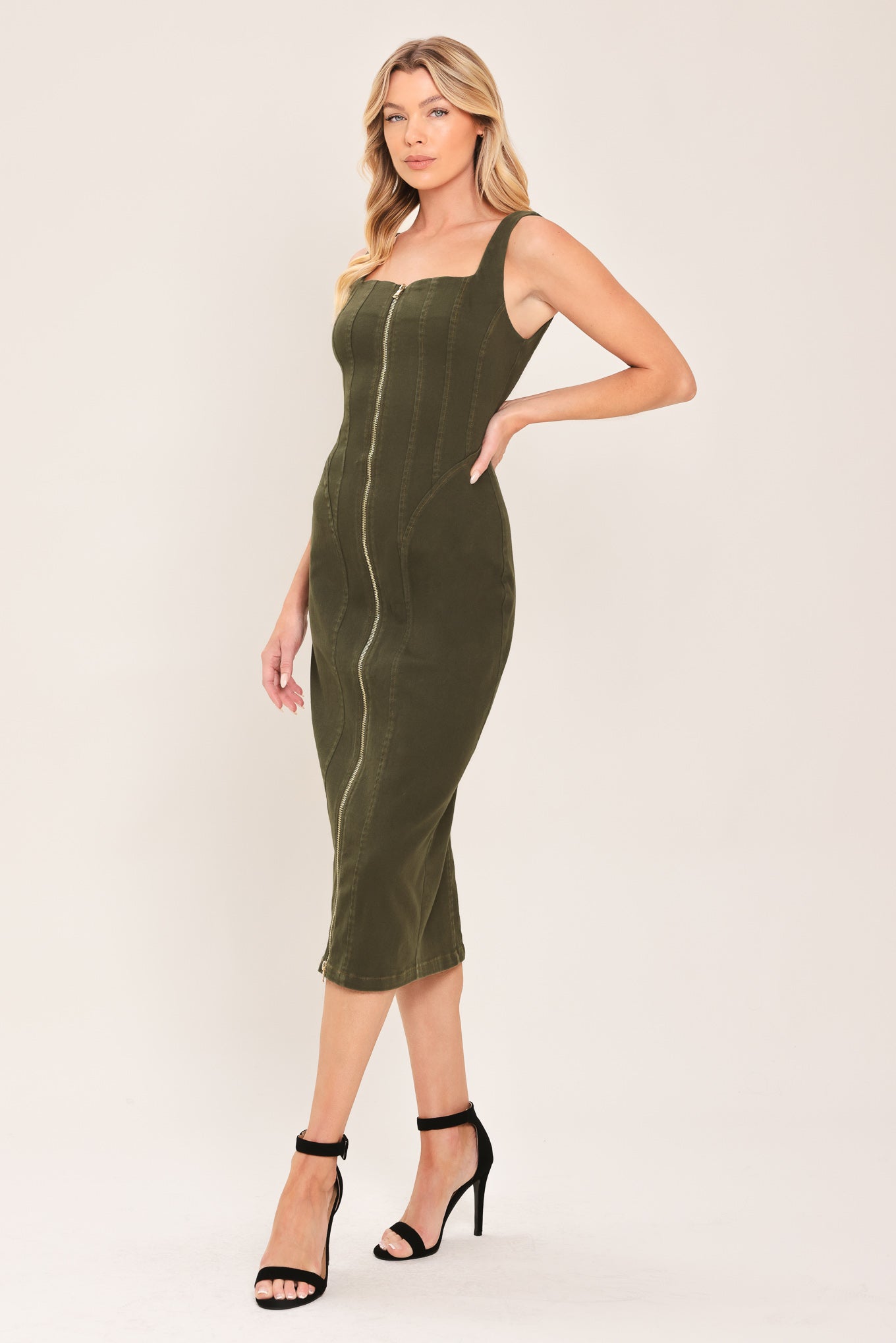 Flying Tomato Modern Cargo Chic Woven Twill Midi Dress