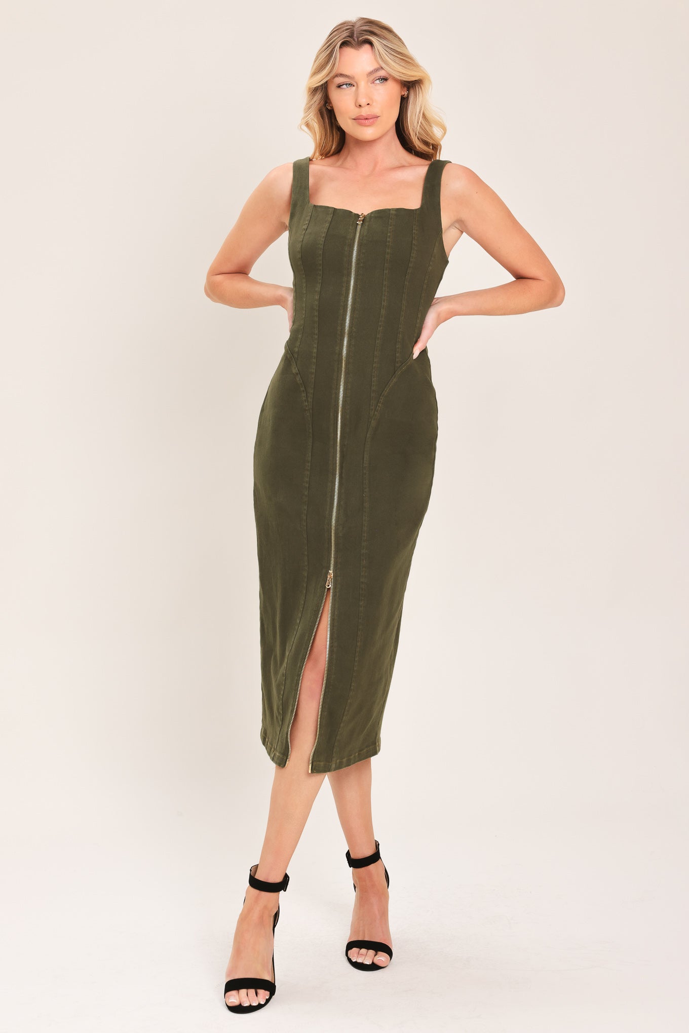 Flying Tomato Modern Cargo Chic Woven Twill Midi Dress