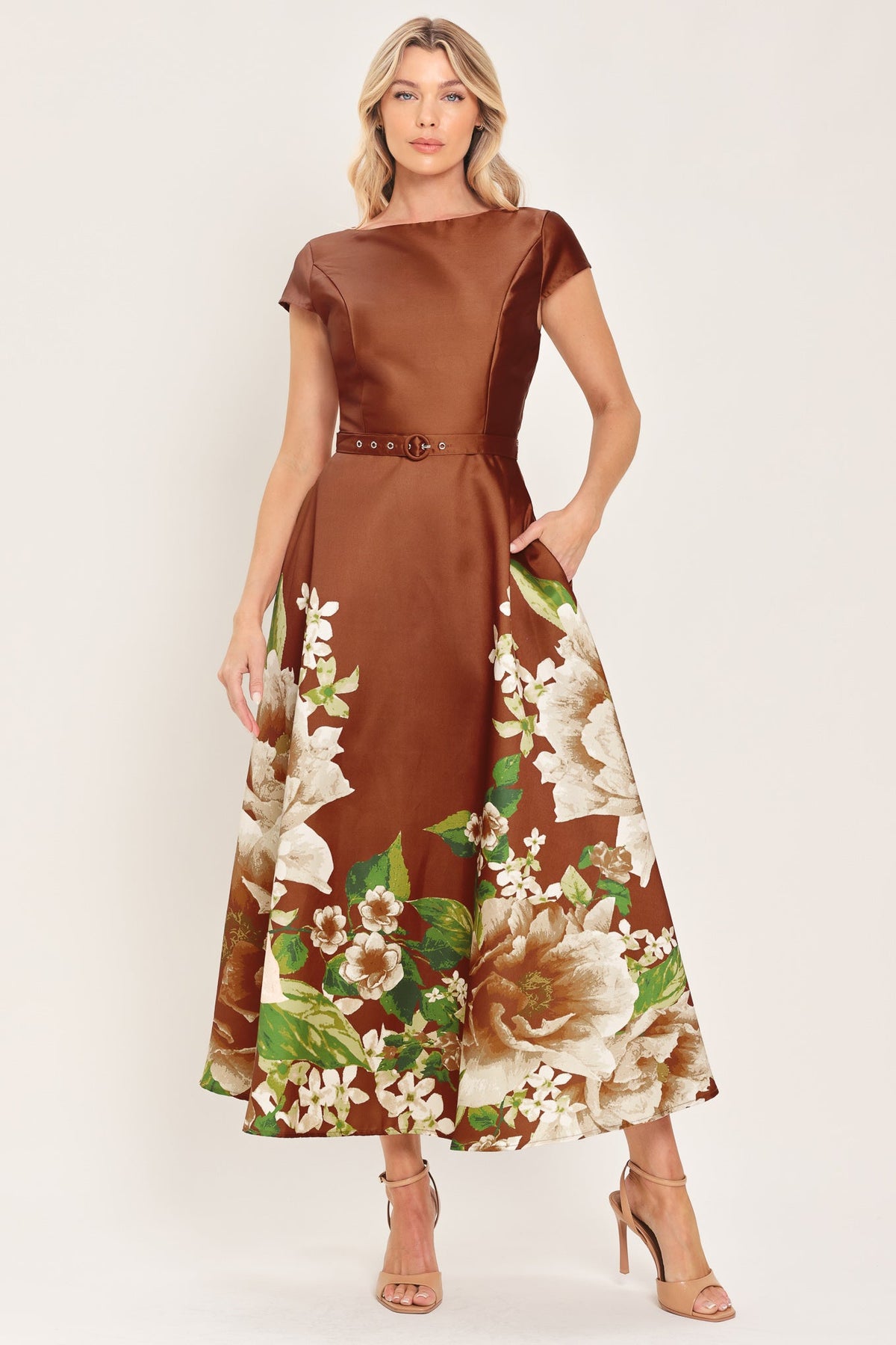 Flying Tomato Rust Reverie Floral Belted Midi Dress