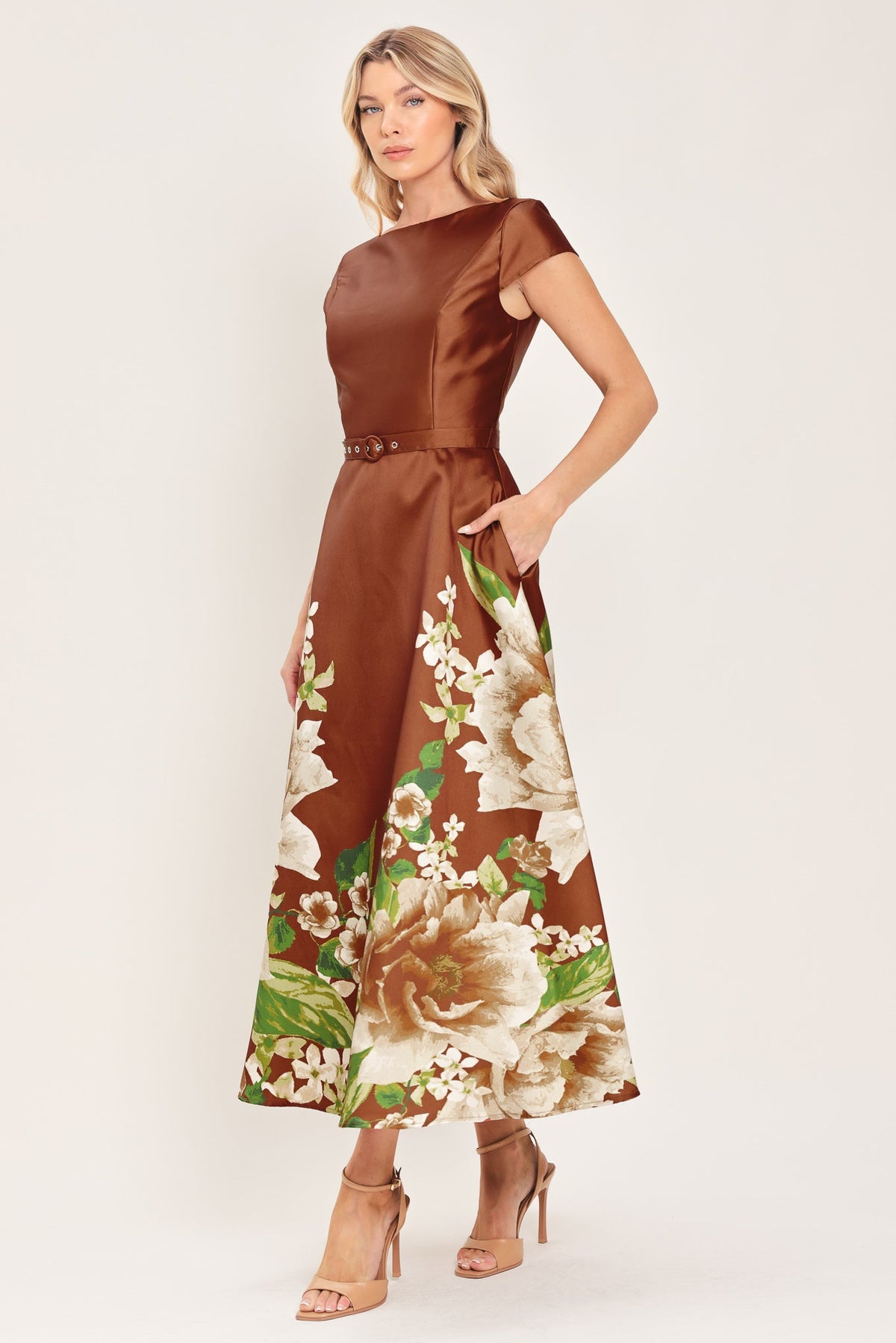 Flying Tomato Rust Reverie Floral Belted Midi Dress