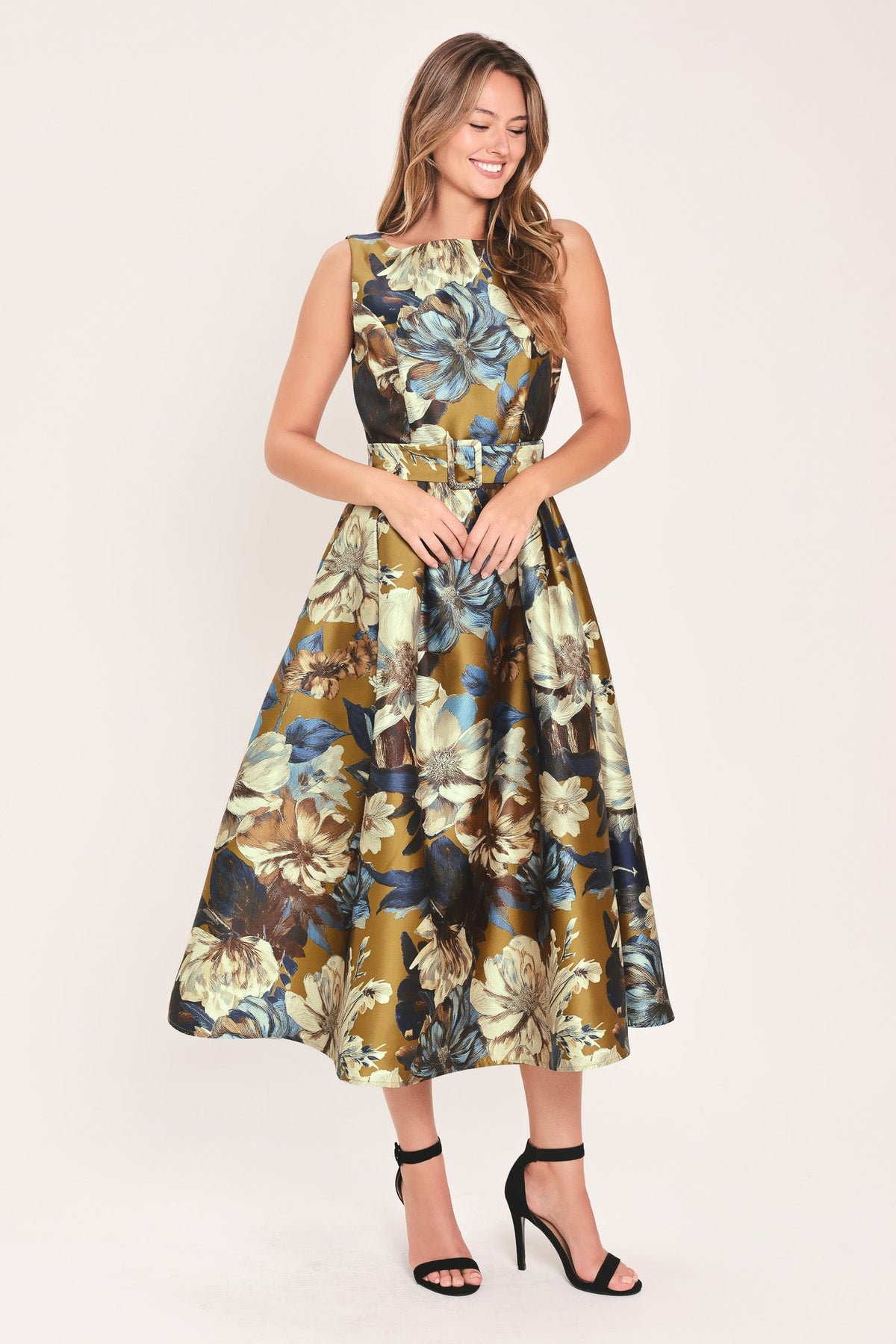 Flying Tomato Golden Meadow Floral Belted Midi Dress