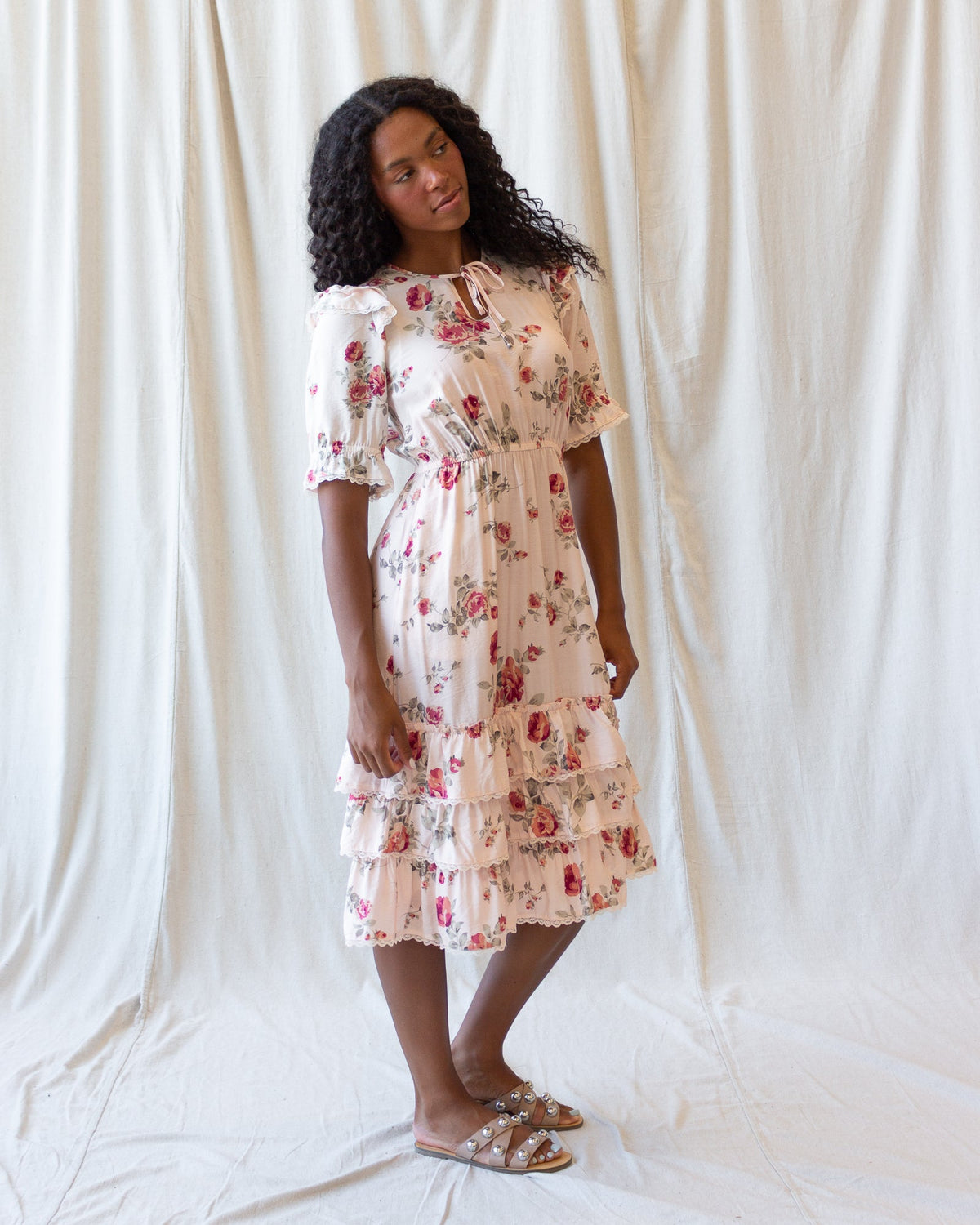 Vintage Romance Cream Floral Midi Dress