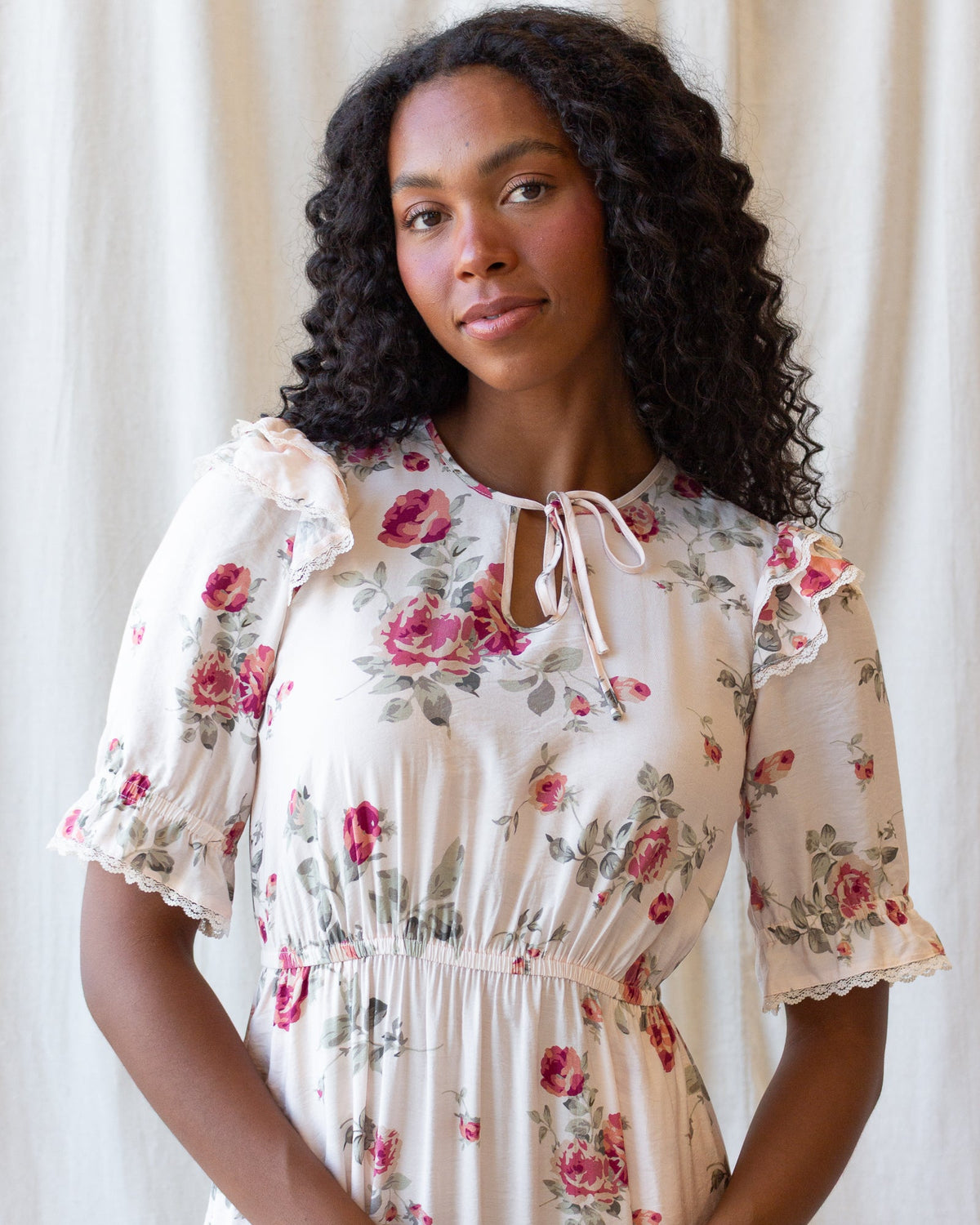 Vintage Romance Cream Floral Midi Dress