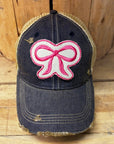 PINK BOW Distressed Tan Mesh Snapback Baseball Cap - My Pampered Life Seattle