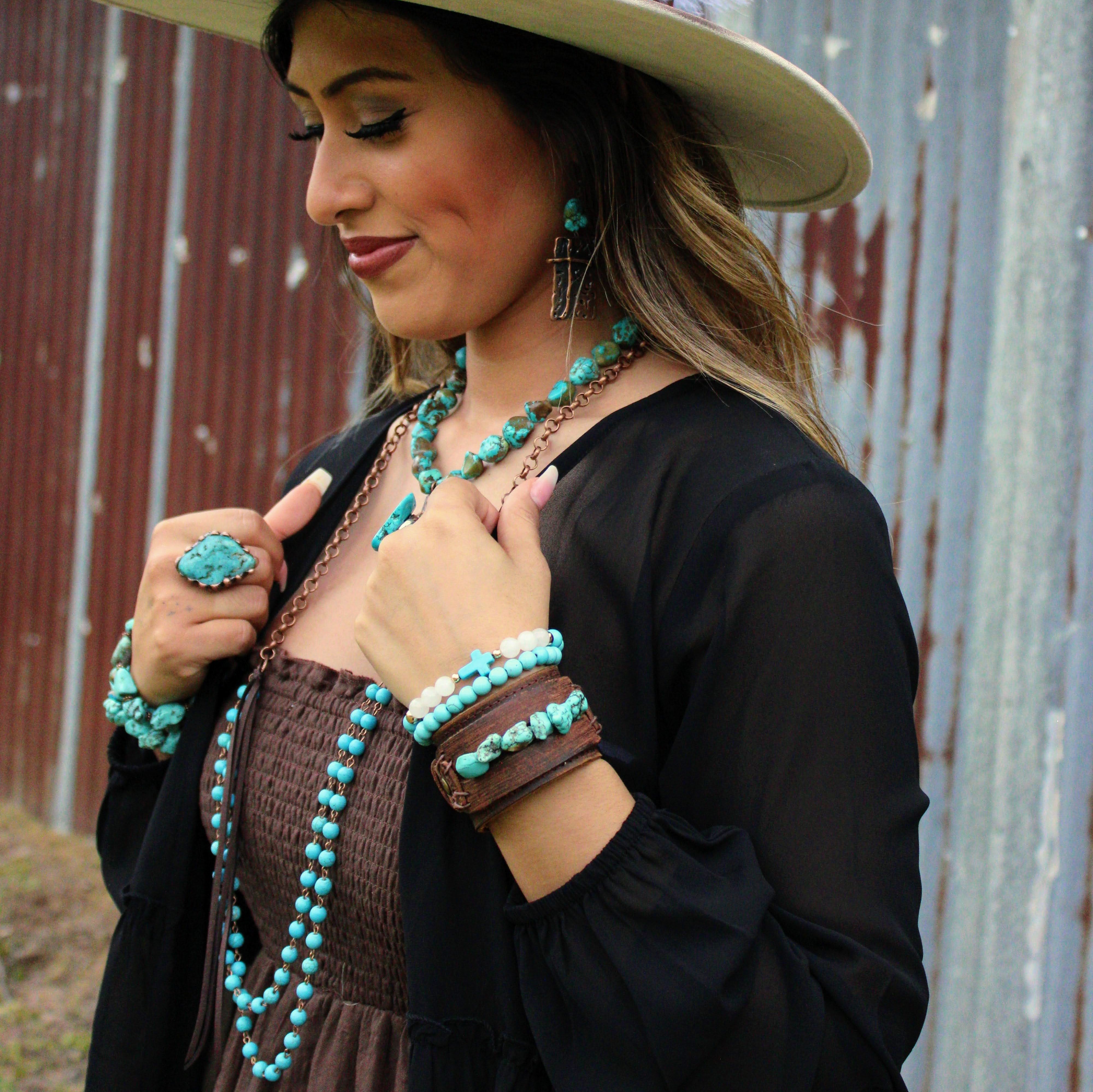 Double Strand Blue Turquoise Beaded Necklace, Leather Tassel