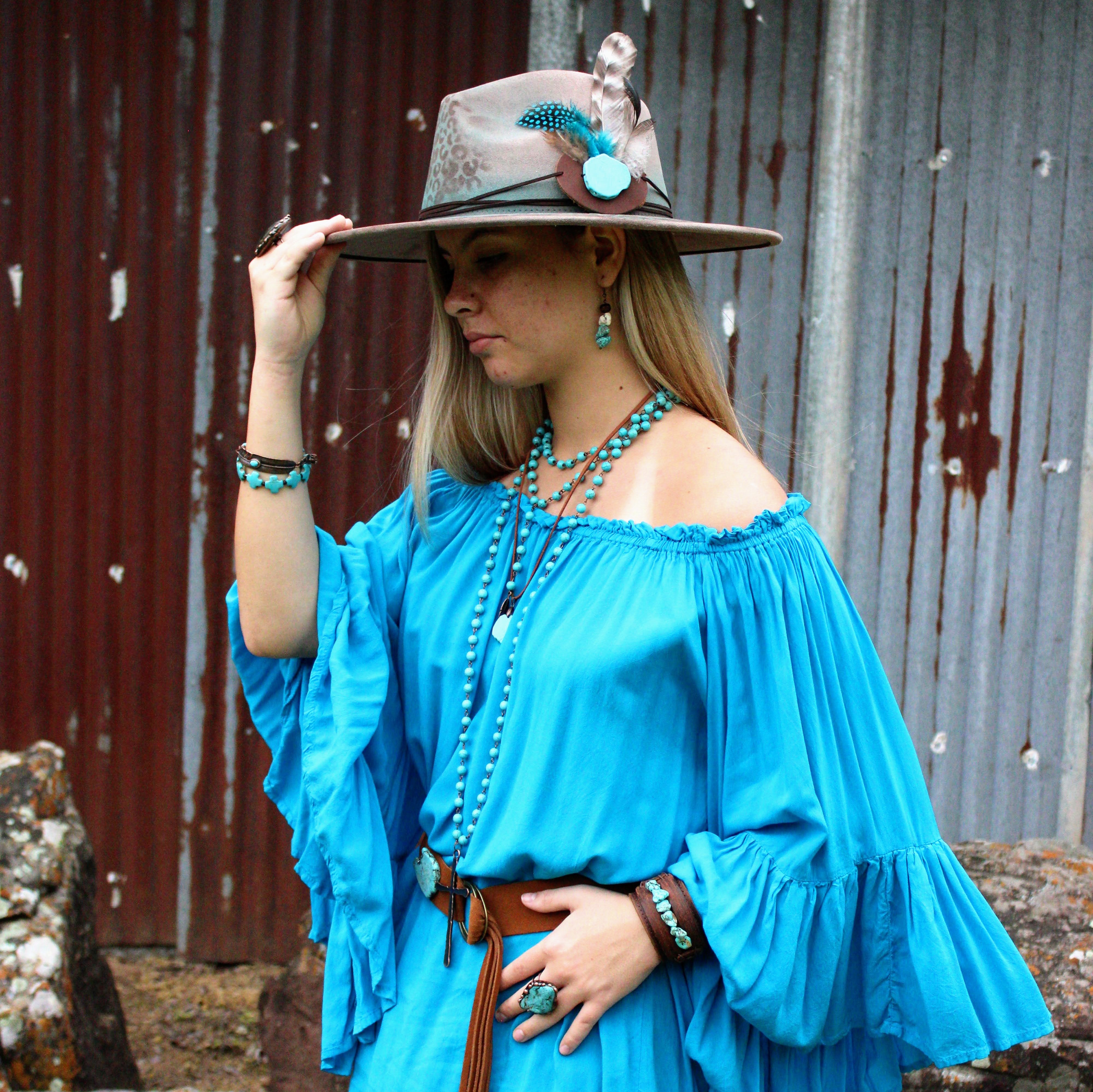 Turquoise Long Beaded Necklace with Antique Copper Cross