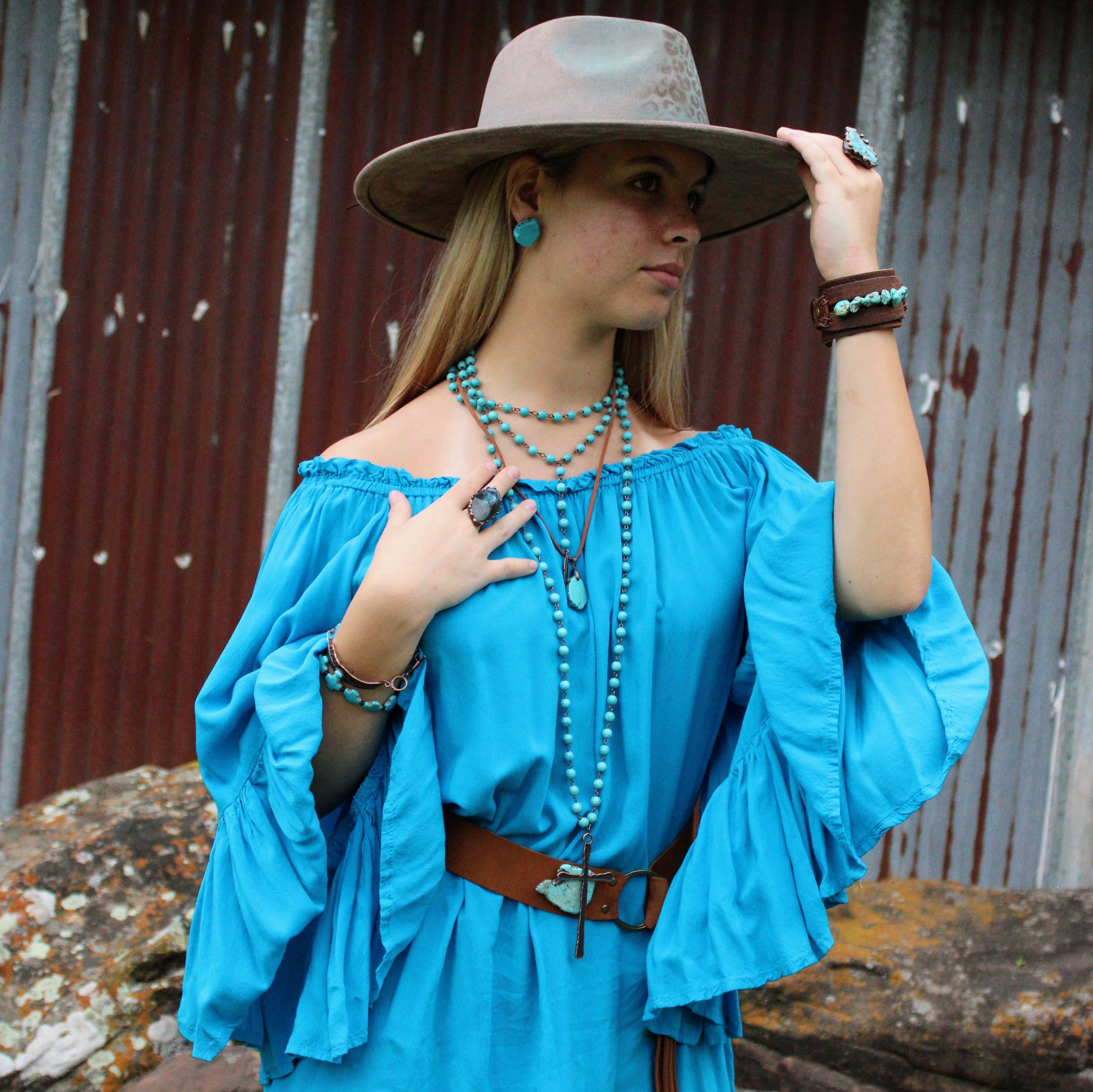 Turquoise Long Beaded Necklace with Antique Copper Cross
