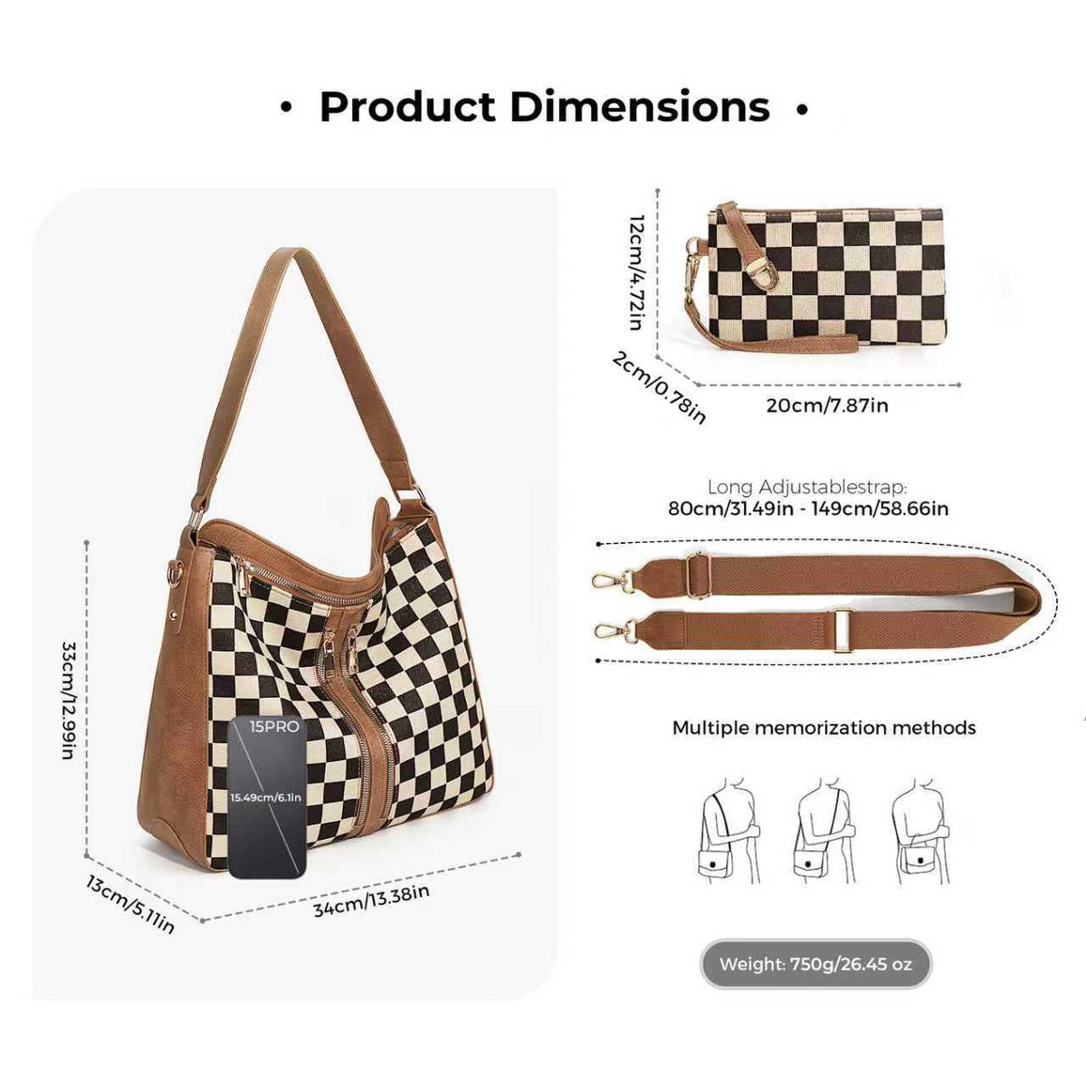 Vanessa Checkered Convertible Hobo Bag & Wristlet Set