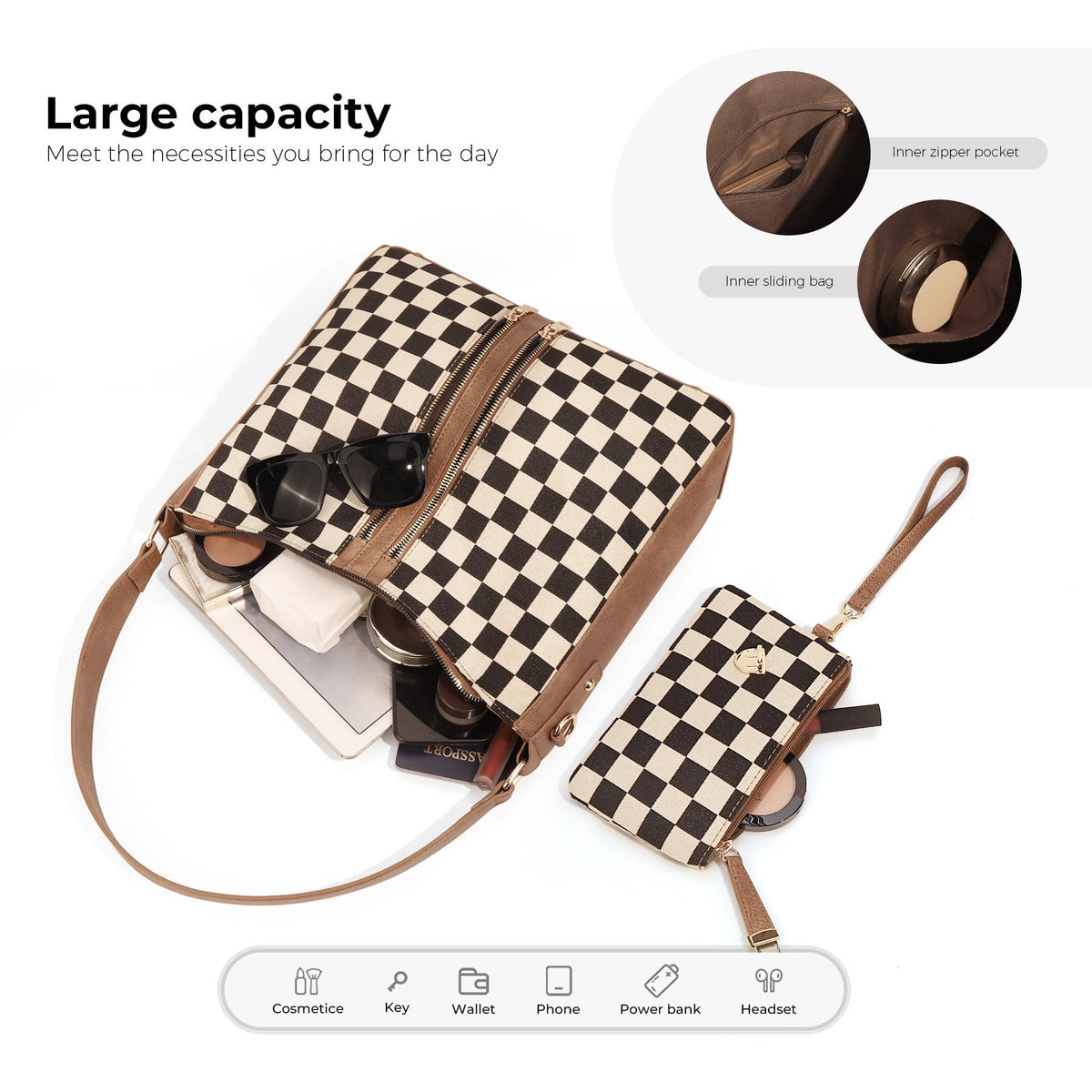 Vanessa Checkered Convertible Hobo Bag & Wristlet Set