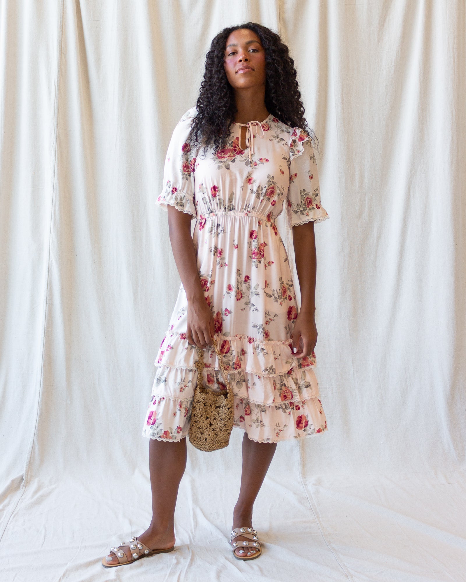 Vintage Romance Cream Floral Midi Dress
