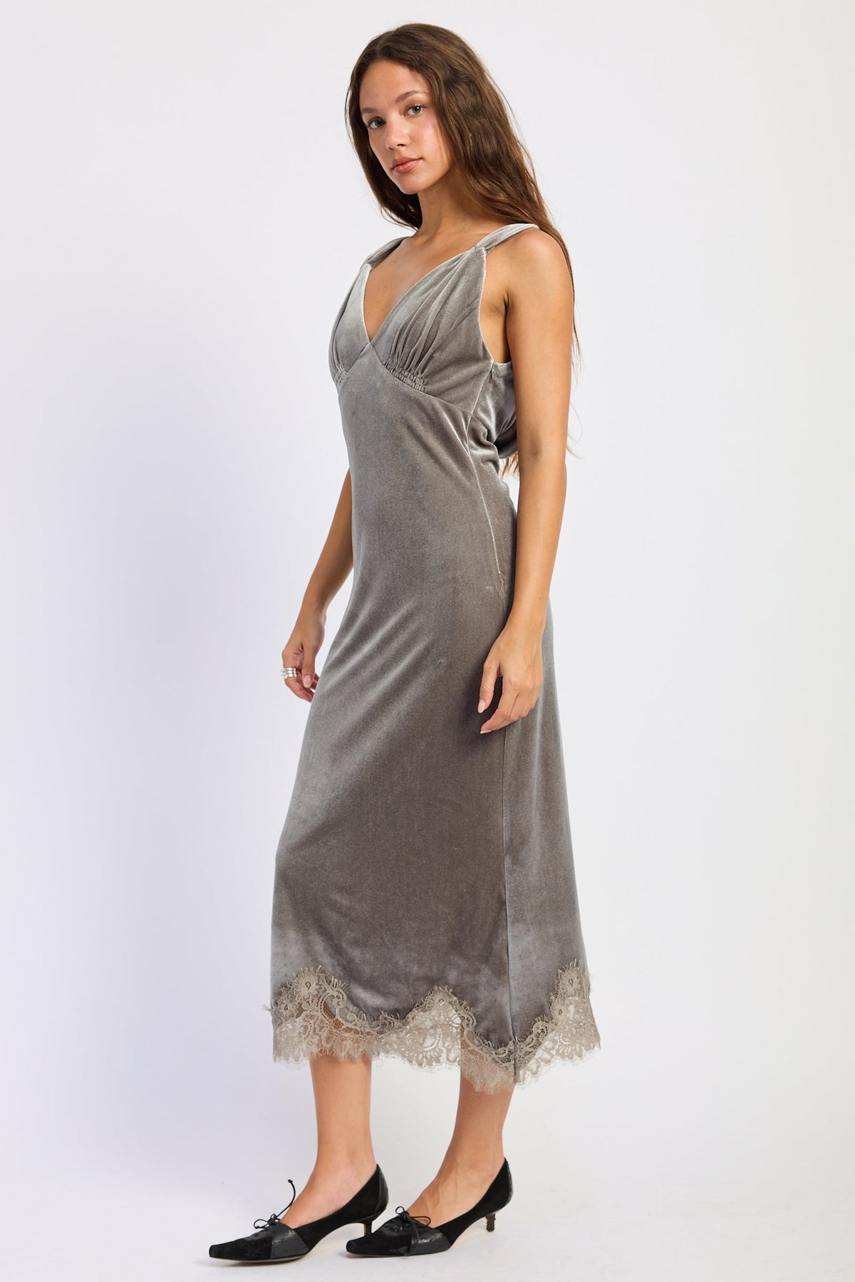 Emory Park Maeve Lace-Trim Midi Dress — Grey