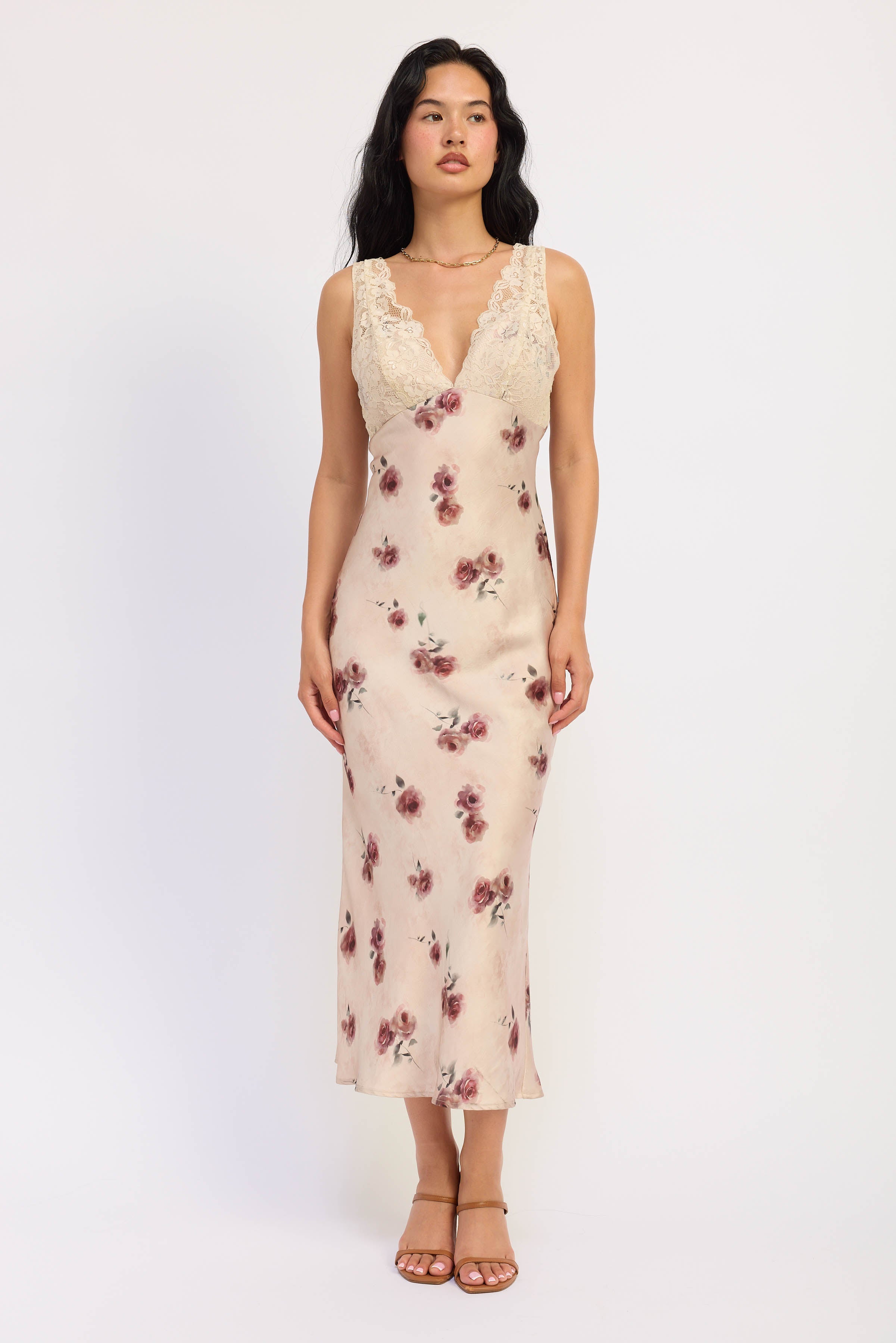 Emory Park | Jillian Floral Satin Lace Midi Dress – Pale Blush