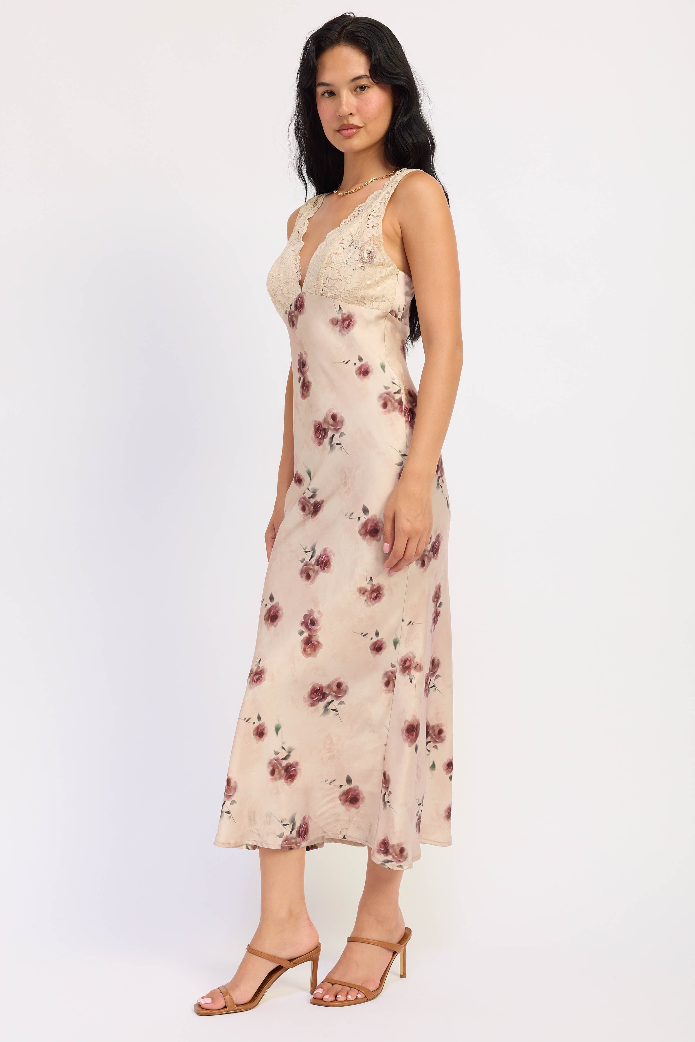 Emory Park | Jillian Floral Satin Lace Midi Dress – Pale Blush