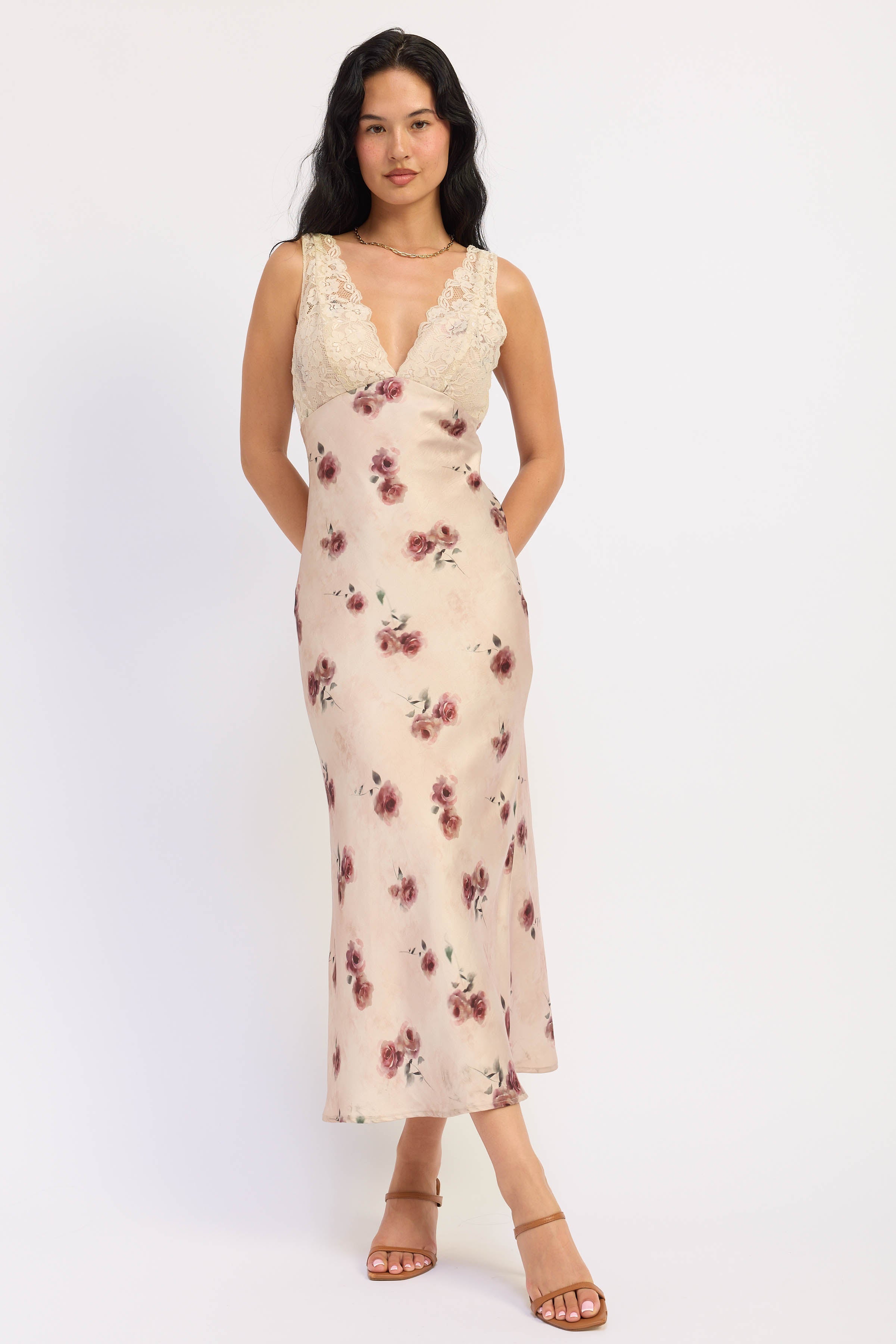 Emory Park | Jillian Floral Satin Lace Midi Dress – Pale Blush