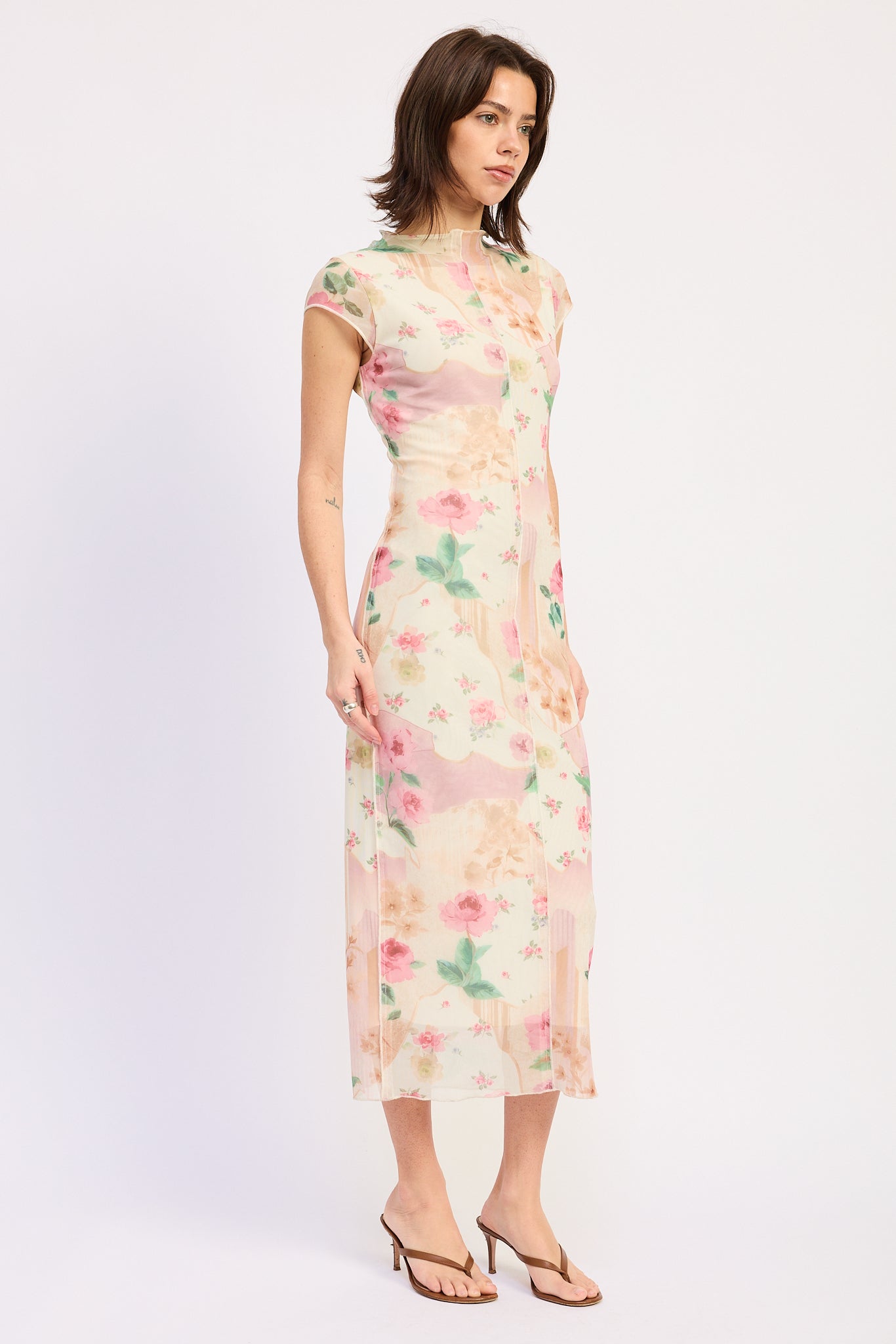 Emory Park | Julie Floral Mesh Midi Dress – Ivory Rose
