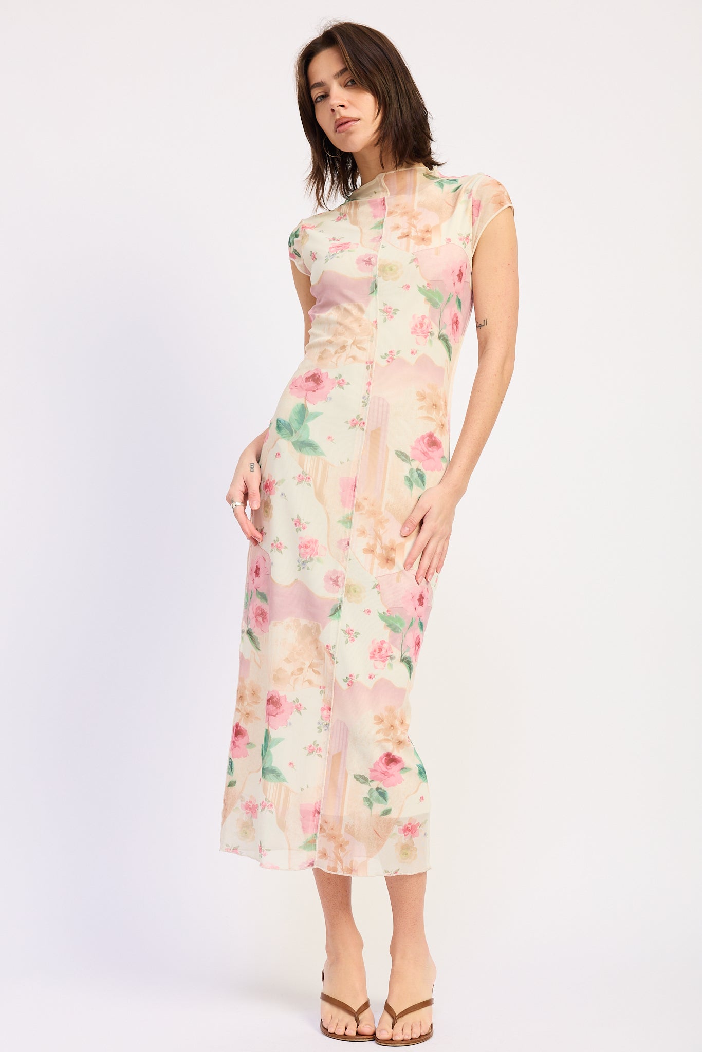 Emory Park | Julie Floral Mesh Midi Dress – Ivory Rose