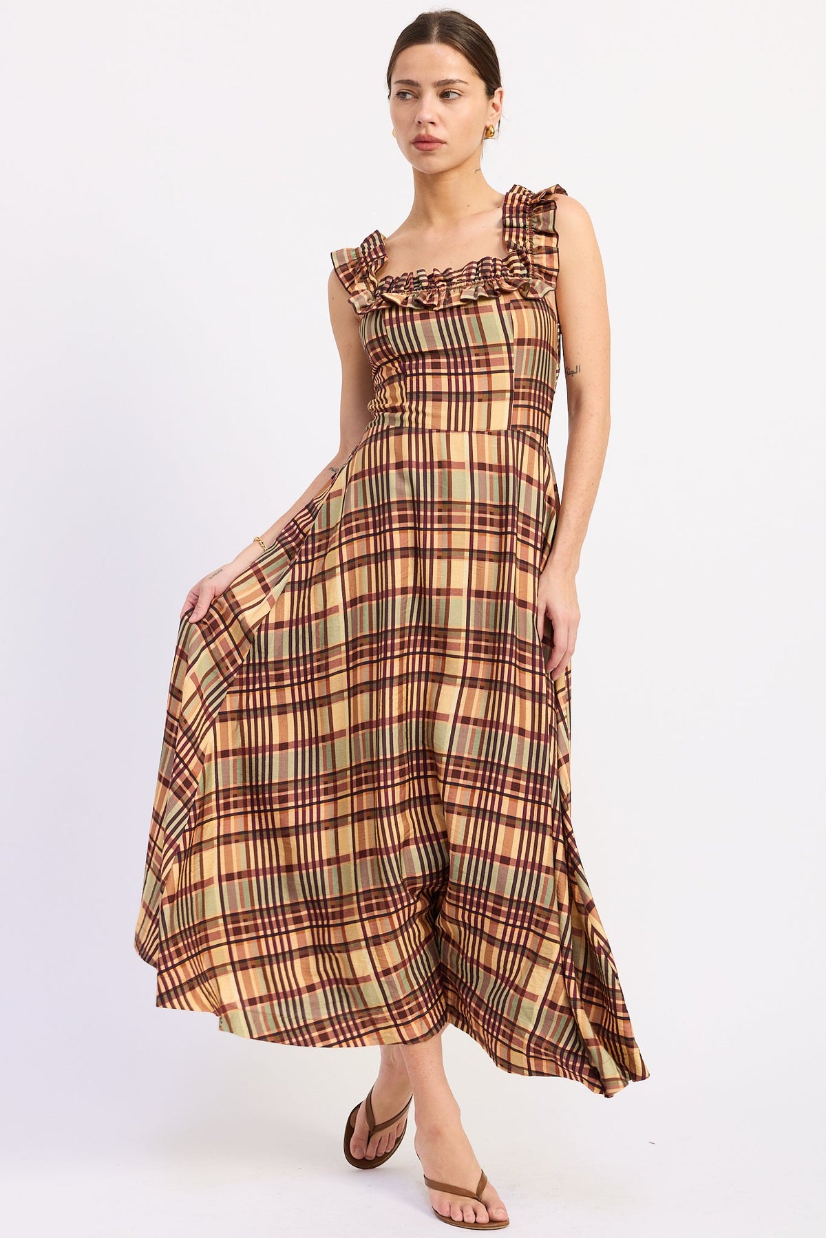Emory Park Kathleen Plaid Ruffle Midi Dress — Almond