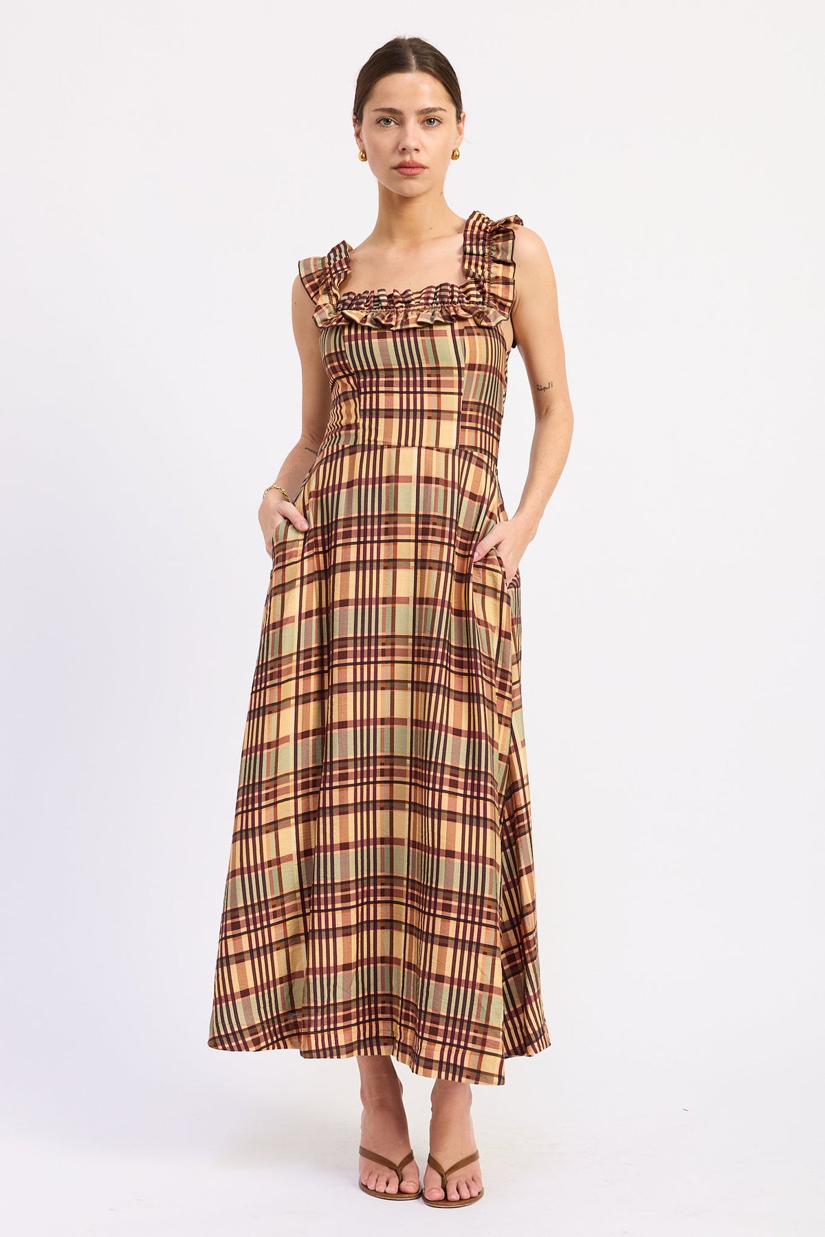 Emory Park Kathleen Plaid Ruffle Midi Dress — Almond