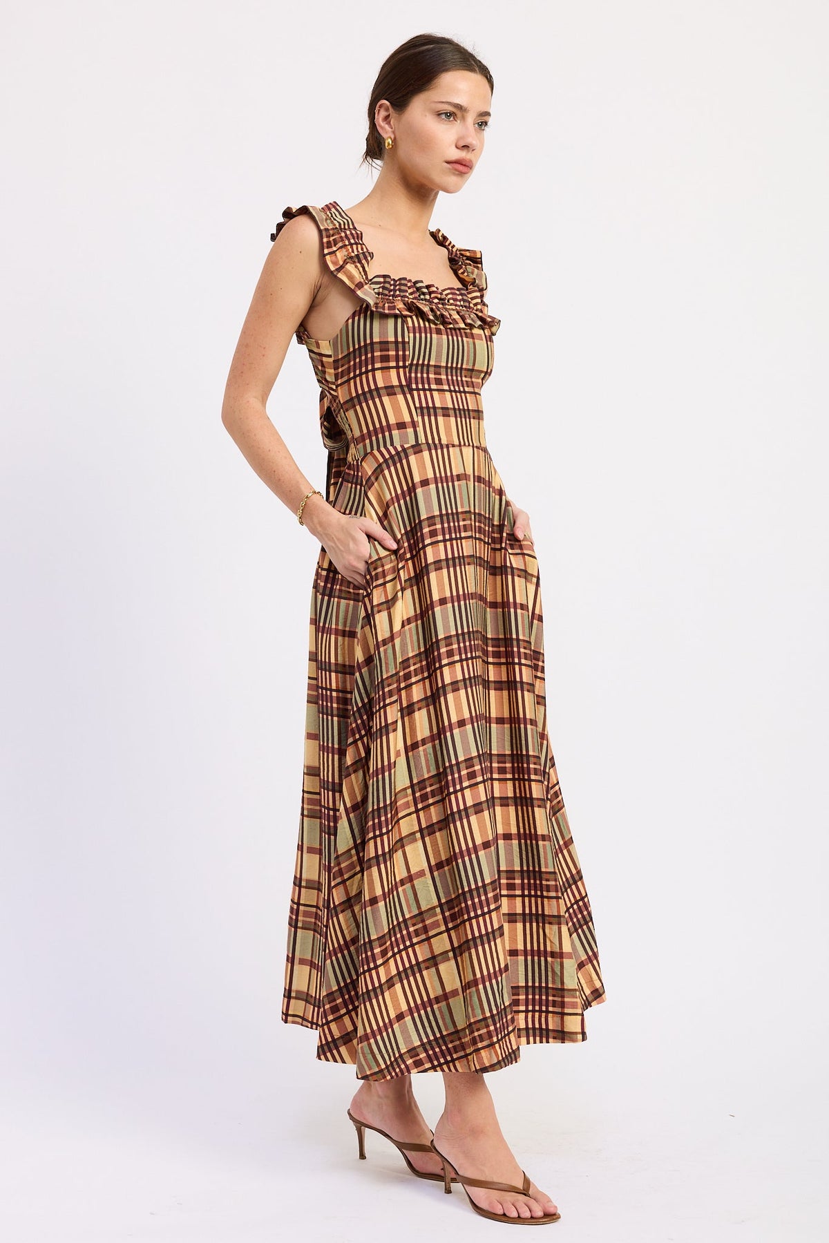 Emory Park Kathleen Plaid Ruffle Midi Dress — Almond