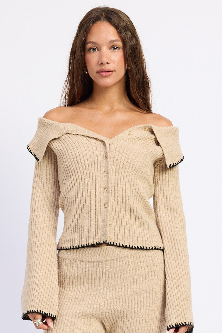 Emory Park Josie Off-Shoulder Button-Front Sweater — Oatmeal