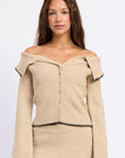 Emory Park Josie Off-Shoulder Button-Front Sweater — Oatmeal