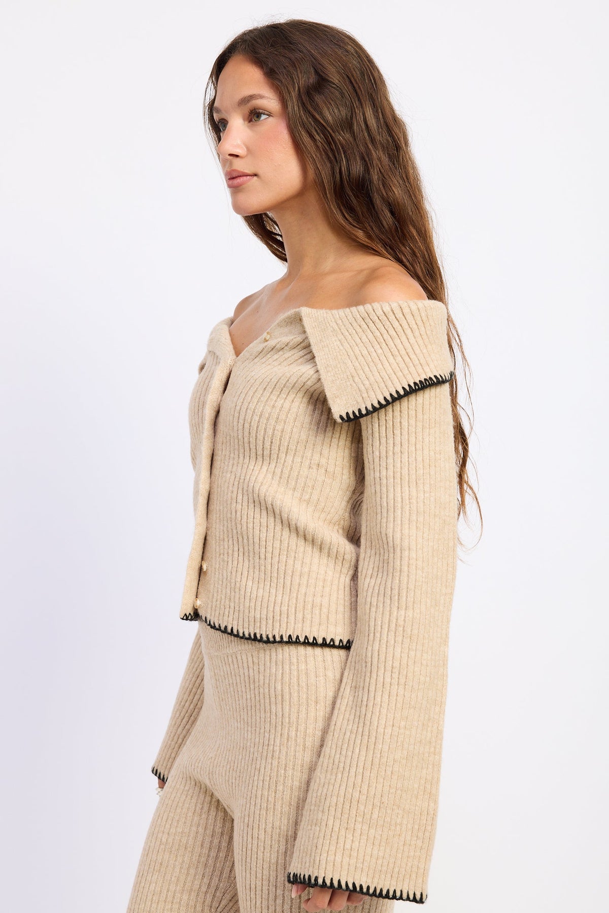 Emory Park Josie Off-Shoulder Button-Front Sweater — Oatmeal