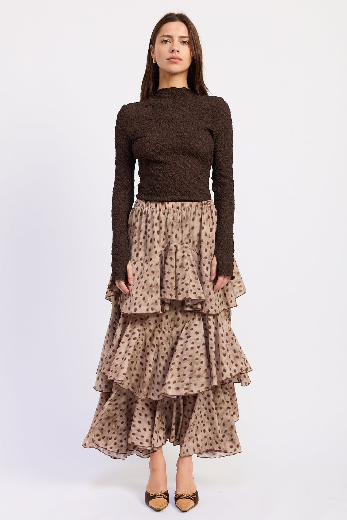Emory Park Idalia Tiered Chiffon Maxi Skirt in Desert Brown