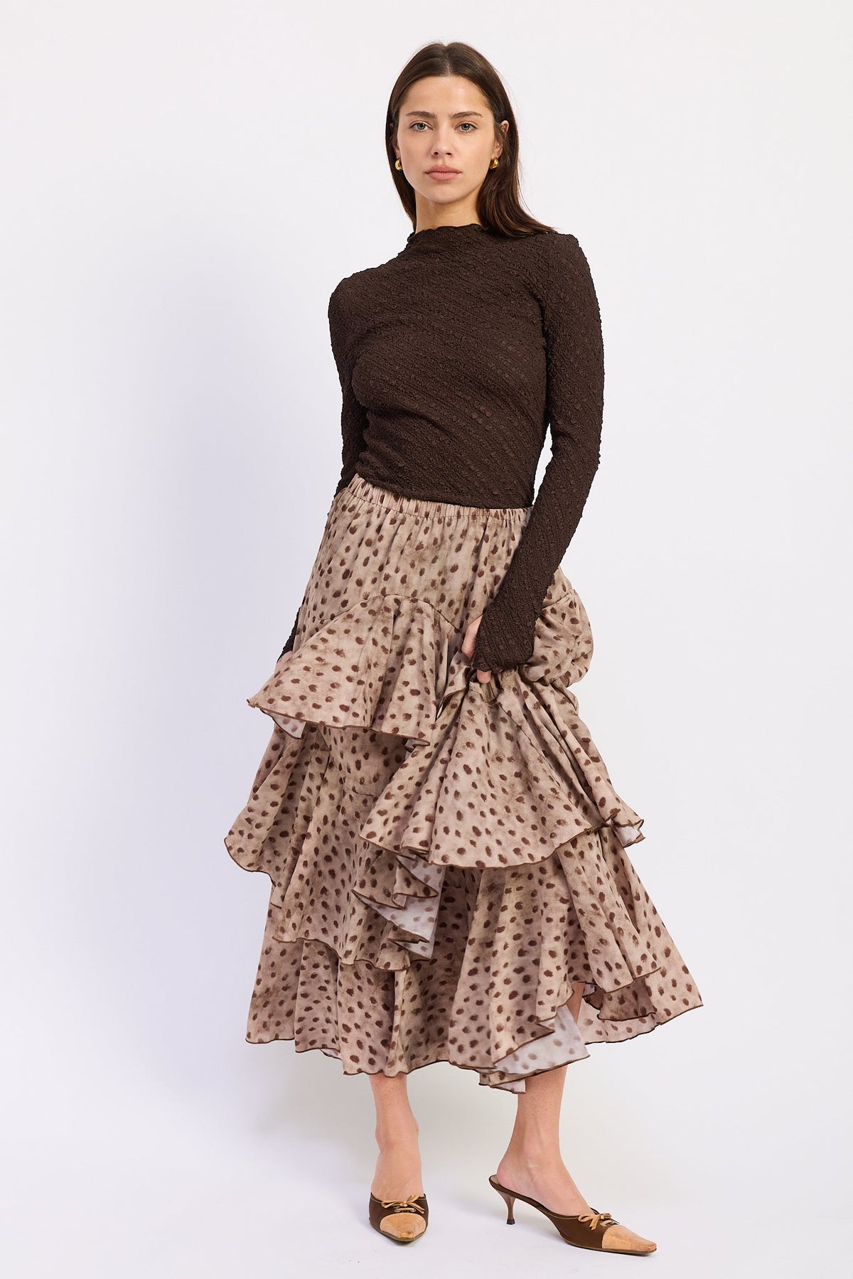 Emory Park Idalia Tiered Chiffon Maxi Skirt in Desert Brown