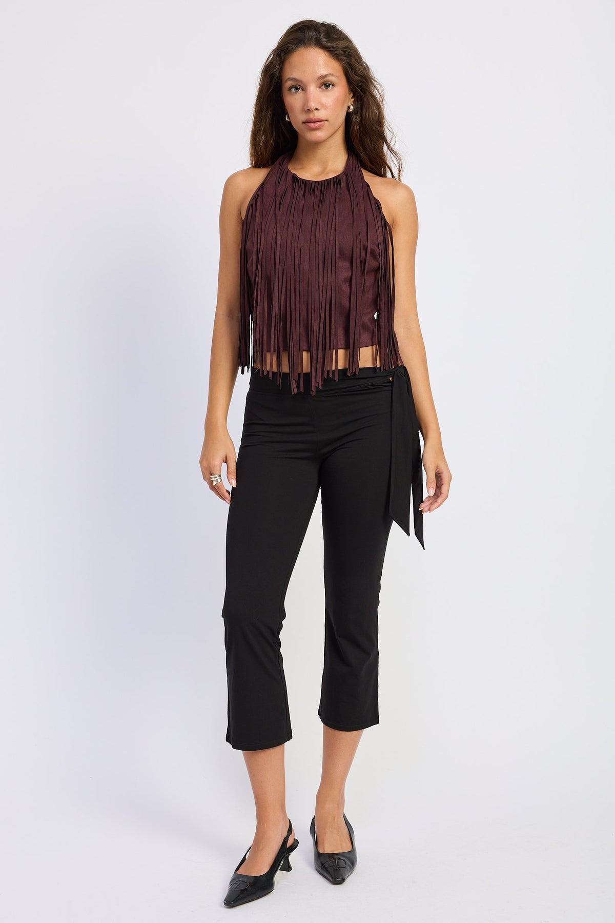 Emory Park Sasha Faux Suede Fringe Halter Top — Black Cherry