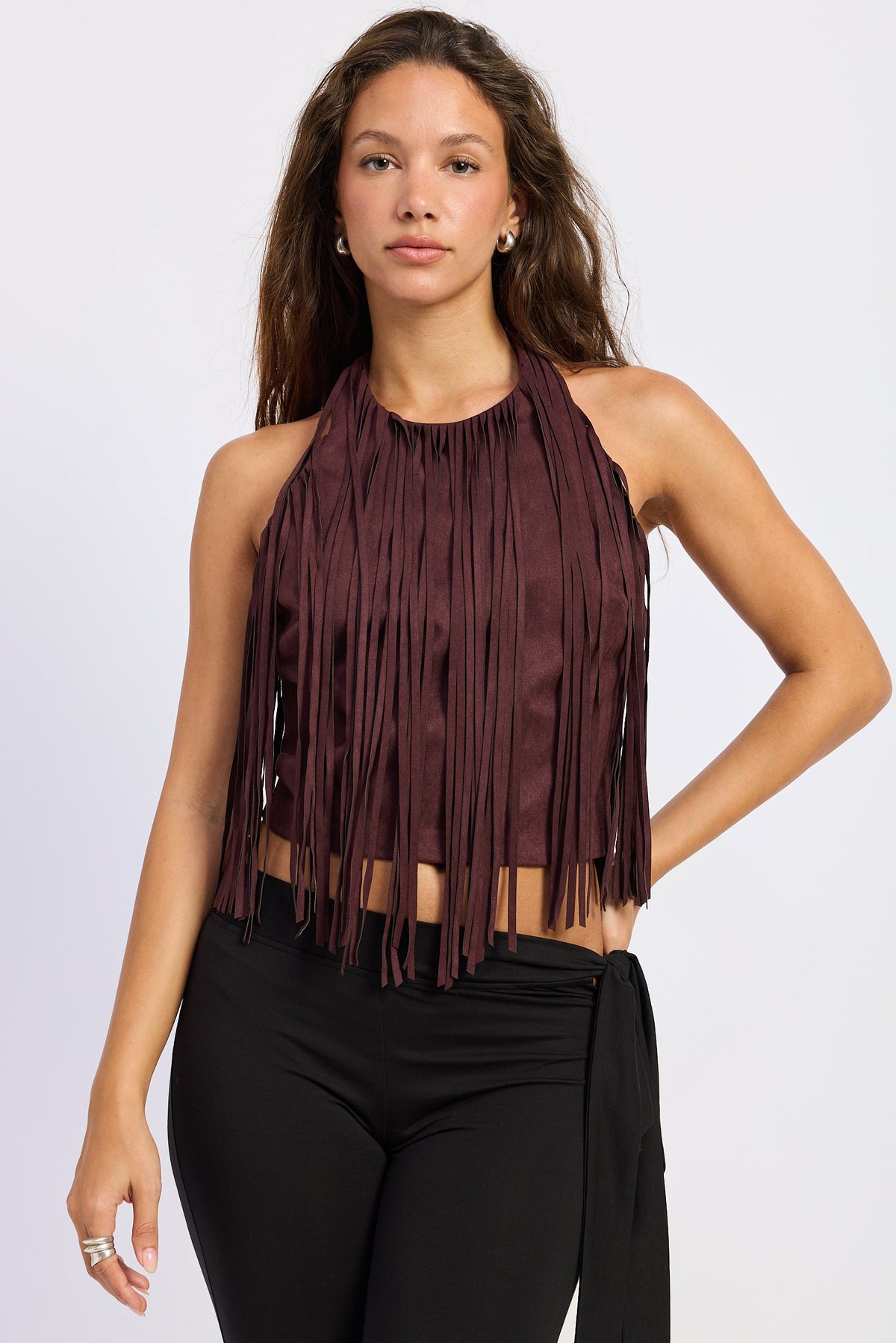 Emory Park Sasha Faux Suede Fringe Halter Top — Black Cherry