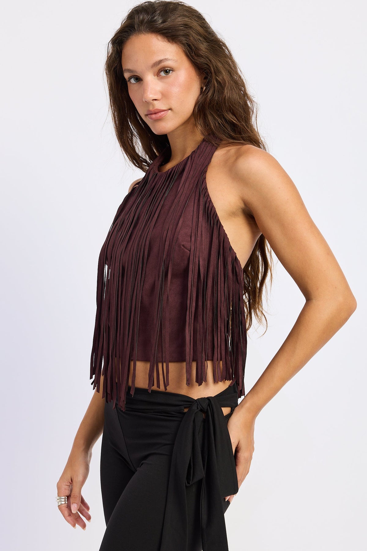 Emory Park Sasha Faux Suede Fringe Halter Top — Black Cherry